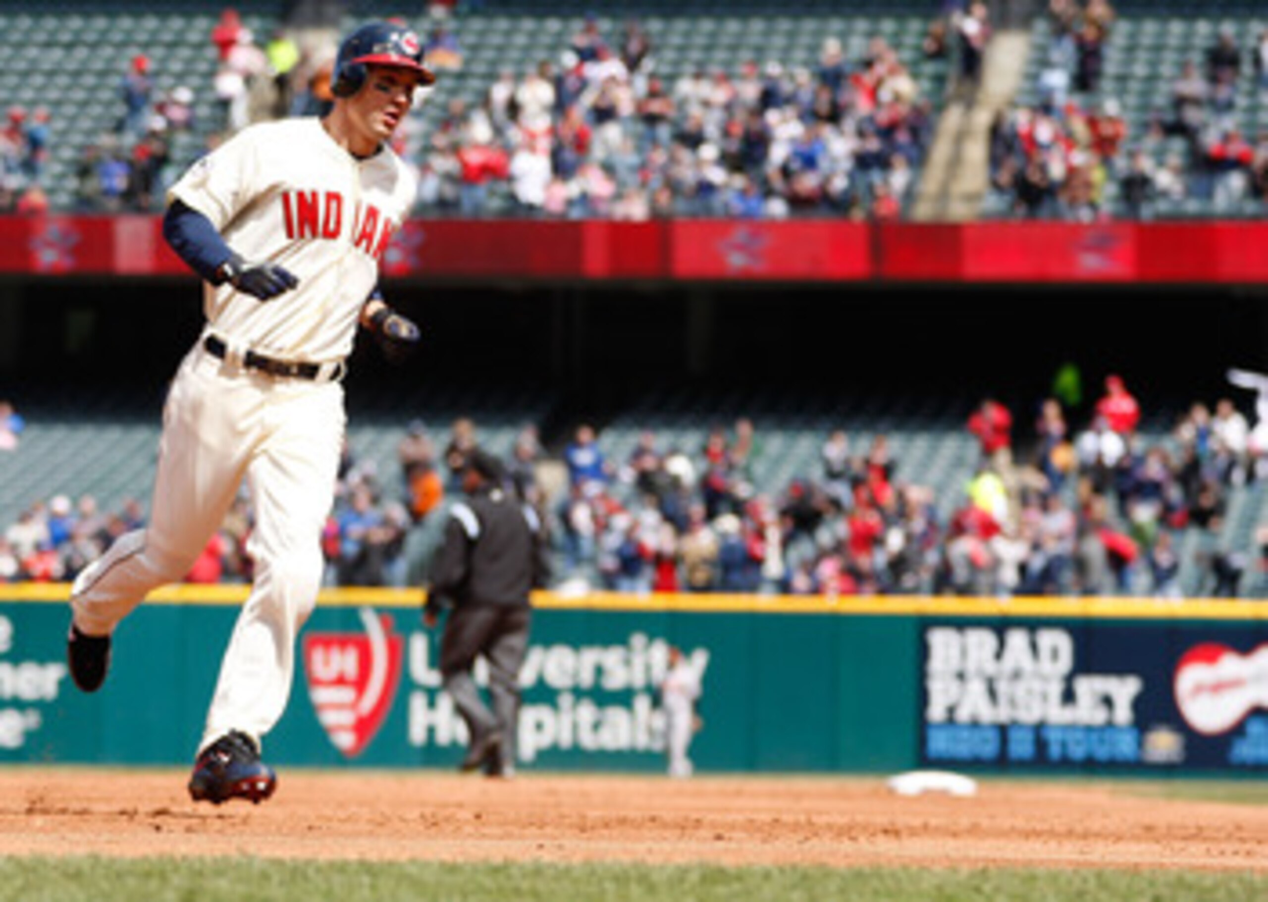 CLEVELAND - APRIL 17:  Grady Sizemore #24 of the Cleveland Indians trots around third base after hitting a solo home run against the Baltimore Orioles during the game on April 17, 2011 at Progressive Field in Cleveland, Ohio.  (Photo by Jared Wickerham/Ge