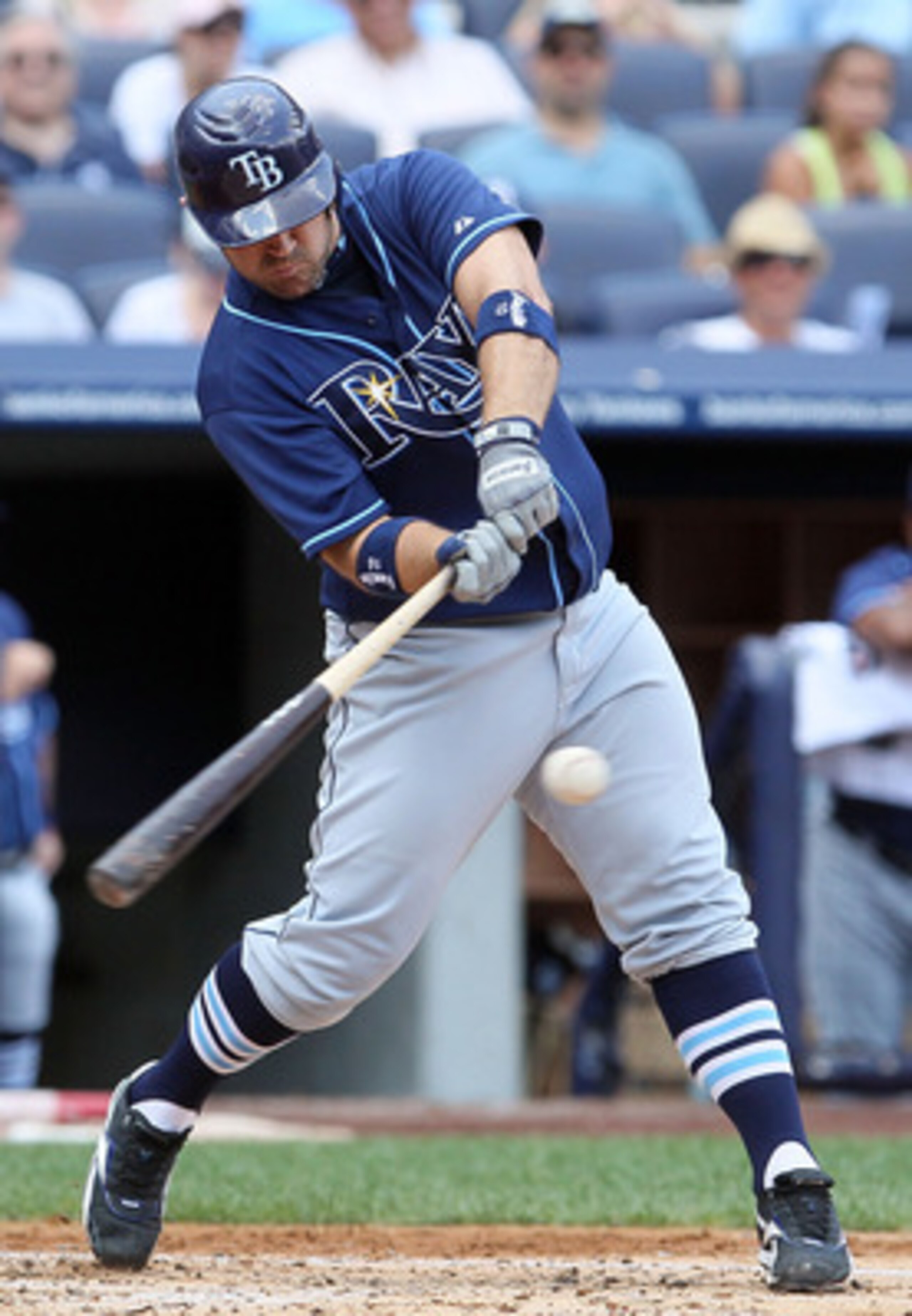 NEW YORK - JULY 18:  Kelly Shoppach #10 of the Tampa Bay Rays bats against the New York Yankees on July 18, 2010 at Yankee Stadium in the Bronx borough of New York City.  (Photo by Jim McIsaac/Getty Images)
