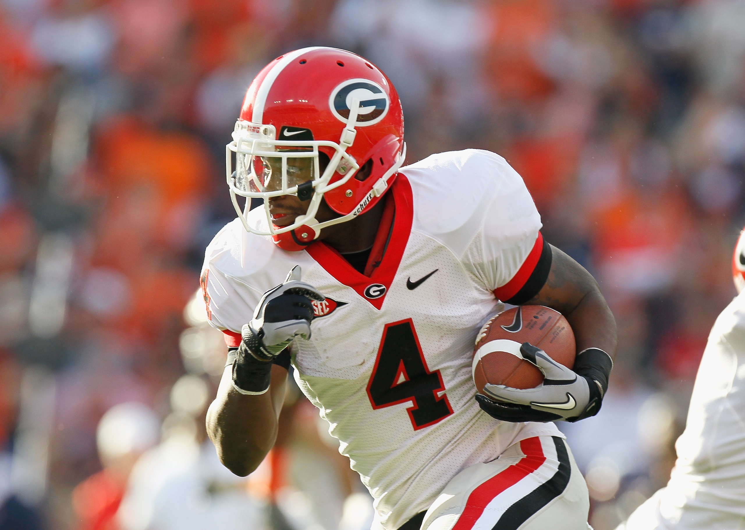 AUBURN, AL - NOVEMBER 13: Caleb King #4 of the Georgia Bulldogs against the Auburn Tigers at Jordan-Hare Stadium on November 13, 2010 in Auburn, Alabama. (Photo by Kevin C. Cox/Getty Images) AUBURN, AL - NOVEMBER 13: Caleb King #4 of the Georgia Bulldogs against the Auburn Tigers at Jordan-Hare Stadium on November 13, 2010 in Auburn, Alabama. (Photo by Kevin C. Cox/Getty Images)