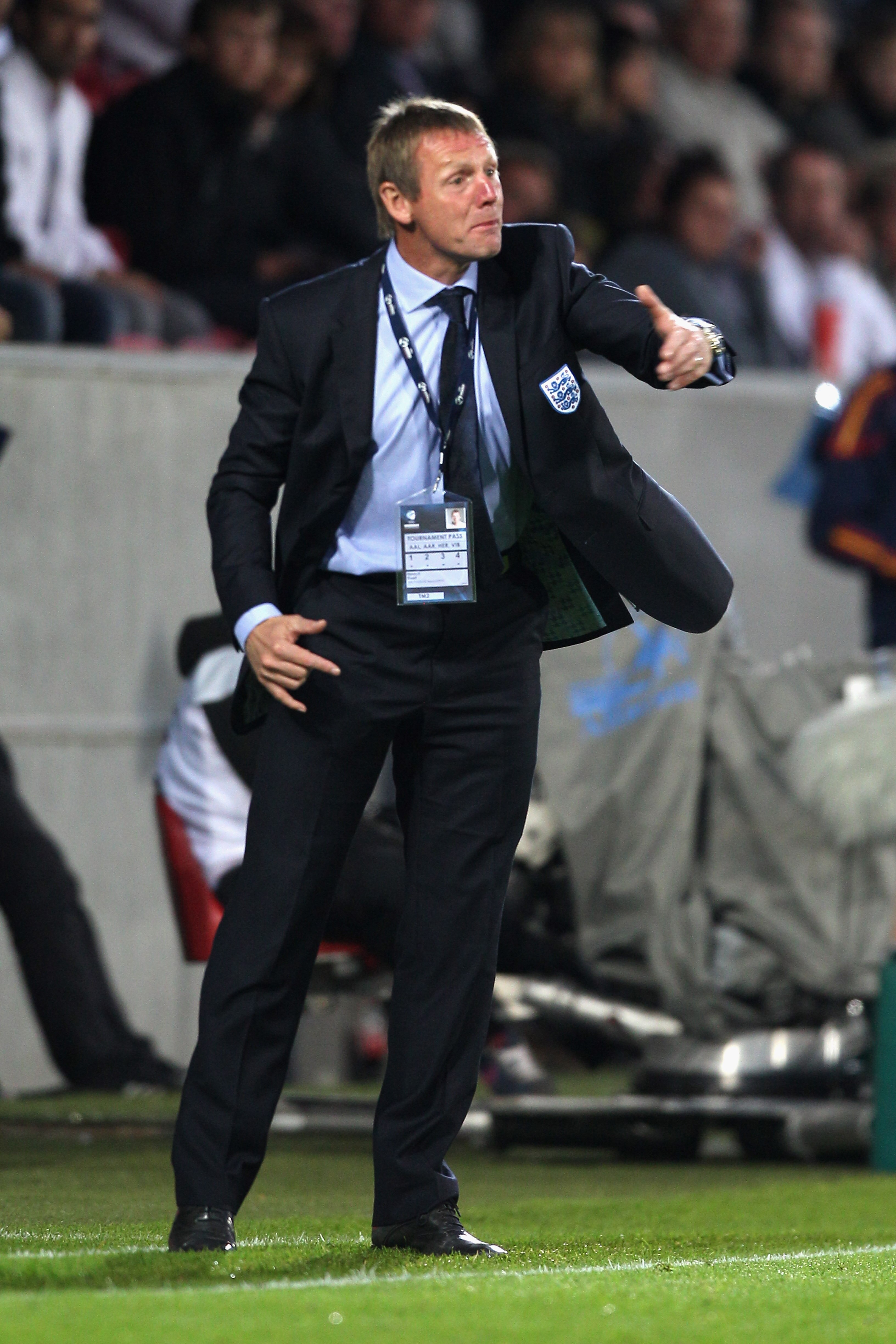HERNING, DENMARK - JUNE 12:  Stuat Pearce the England coach urges his team on during the UEFA European Under-21 Championship Group B match between England and Spain at the Herning Stadium on June 12, 2011 in Herning, Denmark.  (Photo by Michael Steele/Get