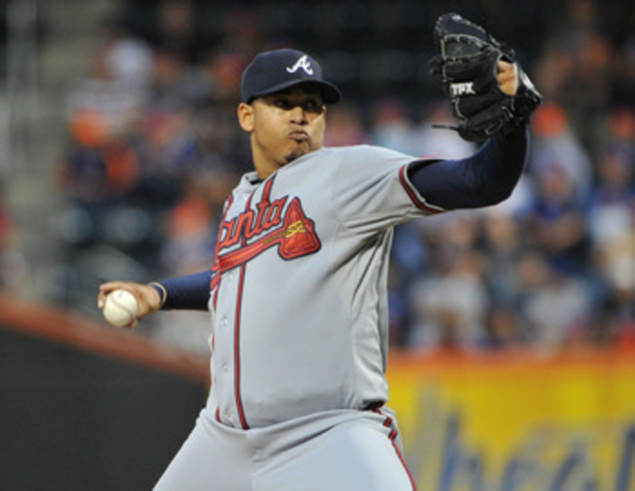 NEW YORK, NY - JUNE 04: Jair Jurrjens #49 of the Atlanta Braves throws a pitch in the bottom of the first inning against the New York Mets at Citi Field on June 4, 2011 in the Flushing neighborhood of the Queens borough of New York City. (Photo by Christo NEW YORK, NY - JUNE 04: Jair Jurrjens #49 of the Atlanta Braves throws a pitch in the bottom of the first inning against the New York Mets at Citi Field on June 4, 2011 in the Flushing neighborhood of the Queens borough of New York City. (Photo by Christo