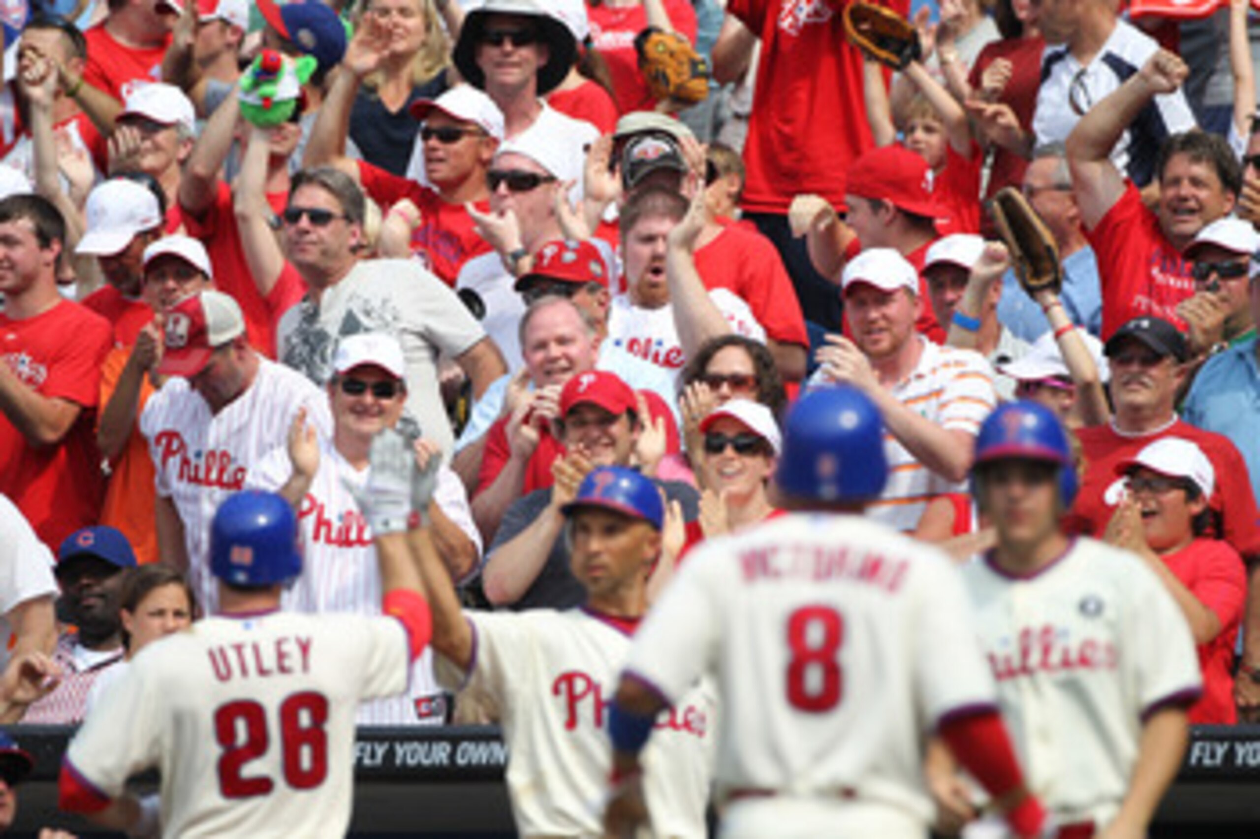 PHILADELPHIA - JUNE 12: Philadelphia Phillies fans cheer after the go ahead run scores during a game against the Chicago Cubs at Citizens Bank Park on June 12, 2011 in Philadelphia, Pennsylvania. The Phillies won 4-3. (Photo by Hunter Martin/Getty Images) PHILADELPHIA - JUNE 12: Philadelphia Phillies fans cheer after the go ahead run scores during a game against the Chicago Cubs at Citizens Bank Park on June 12, 2011 in Philadelphia, Pennsylvania. The Phillies won 4-3. (Photo by Hunter Martin/Getty Images)
