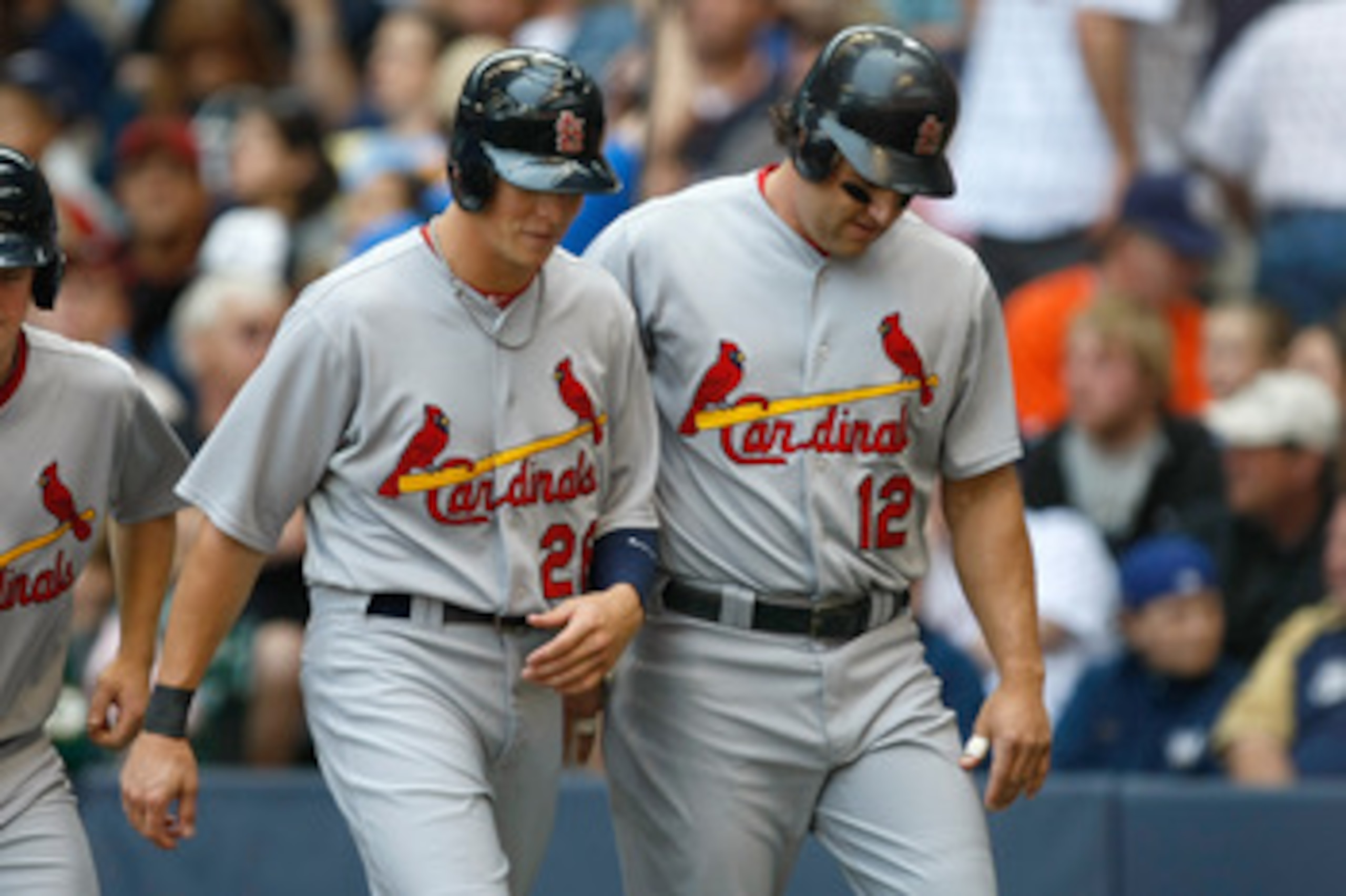 MILWAUKEE, WI - JUNE 12: Lance Berkman #12 of the St. Louis Cardinals talks with Colby Rasmus #28 after scoring a run against the Milwaukee Brewers at Miller Park on June 12, 2011 in Milwaukee, Wisconsin. (Photo by Scott Boehm/Getty Images) MILWAUKEE, WI - JUNE 12: Lance Berkman #12 of the St. Louis Cardinals talks with Colby Rasmus #28 after scoring a run against the Milwaukee Brewers at Miller Park on June 12, 2011 in Milwaukee, Wisconsin. (Photo by Scott Boehm/Getty Images)