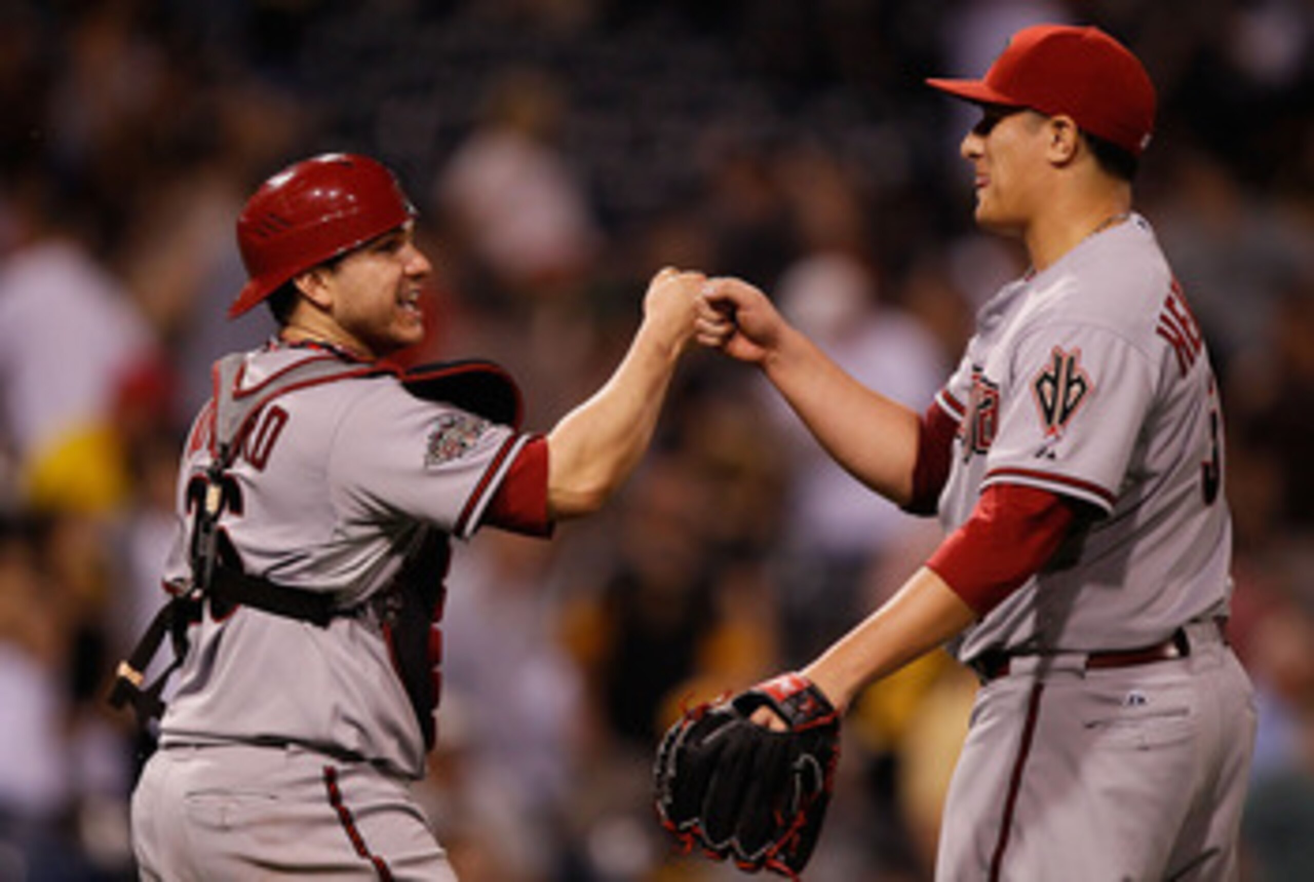 PITTSBURGH - JUNE 09: David Hernandez #30 of the Arizona Diamondbacks is congratulated by teammate Miguel Montero #26 after their win against the Pittsburgh Pirates on June 9, 2011 at PNC Park in Pittsburgh, Pennsylvania. (Photo by Jared Wickerham/Getty PITTSBURGH - JUNE 09: David Hernandez #30 of the Arizona Diamondbacks is congratulated by teammate Miguel Montero #26 after their win against the Pittsburgh Pirates on June 9, 2011 at PNC Park in Pittsburgh, Pennsylvania. (Photo by Jared Wickerham/Getty