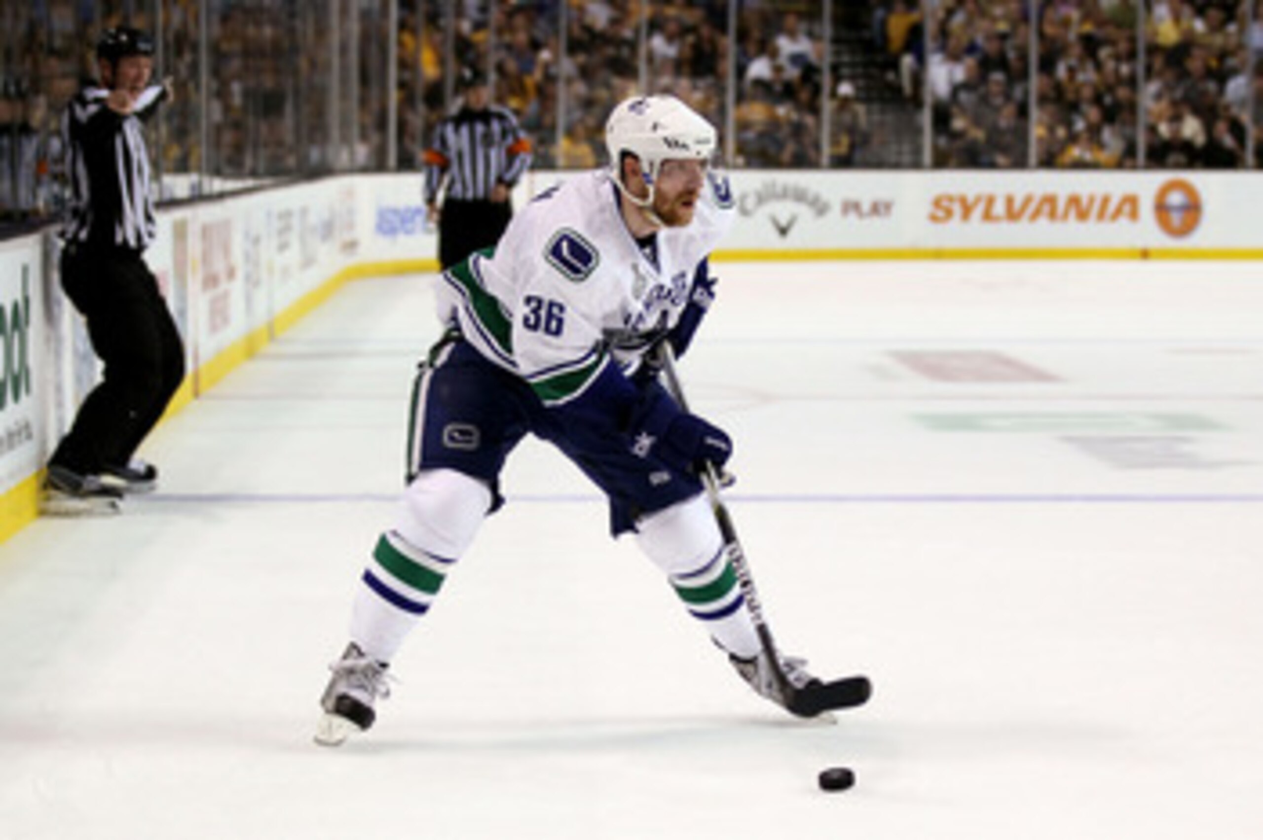 BOSTON, MA - JUNE 06:  Jannik Hansen #36 of the Vancouver Canucks skates against the Boston Bruins during Game Three of the 2011 NHL Stanley Cup Final at TD Garden on June 6, 2011 in Boston, Massachusetts.  (Photo by Elsa/Getty Images)