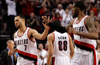 PORTLAND, OR - APRIL 23:  Brandon Roy #7 high fives LaMarcus Aldridge #12 of the Portland Trail Blazers against the Dallas Mavericks in Game Four of the Western Conference Quarterfinals in the 2011 NBA Playoffs on April 23, 2011 at the Rose Garden in Port