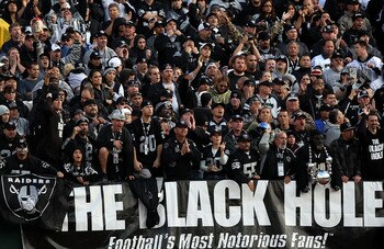 OAKLAND, CA - NOVEMBER 07: Fans of the Oakland Raiders look on against of the Kansas City Chiefs during an NFL game at Oakland-Alameda County Coliseum on November 7, 2010 in Oakland, California.  (Photo by Jed Jacobsohn/Getty Images)