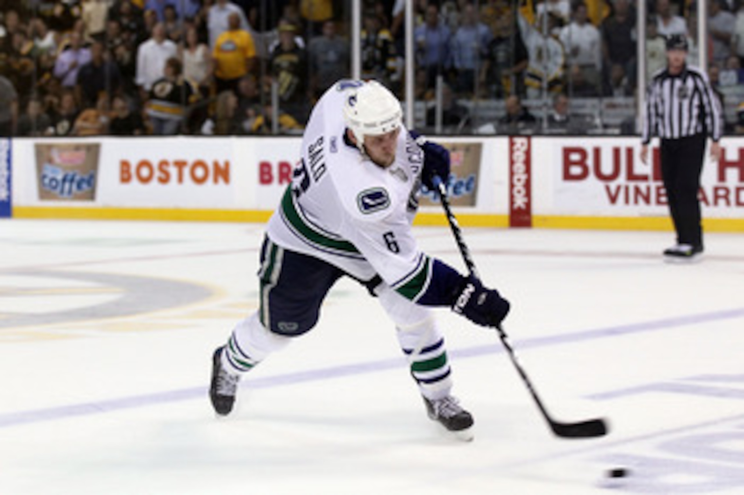 BOSTON, MA - JUNE 08:  Sami Salo #6 of the Vancouver Canucks takes a slap shot against the Boston Bruins during Game Four of the 2011 NHL Stanley Cup Final at TD Garden on June 8, 2011 in Boston, Massachusetts.  (Photo by Elsa/Getty Images)