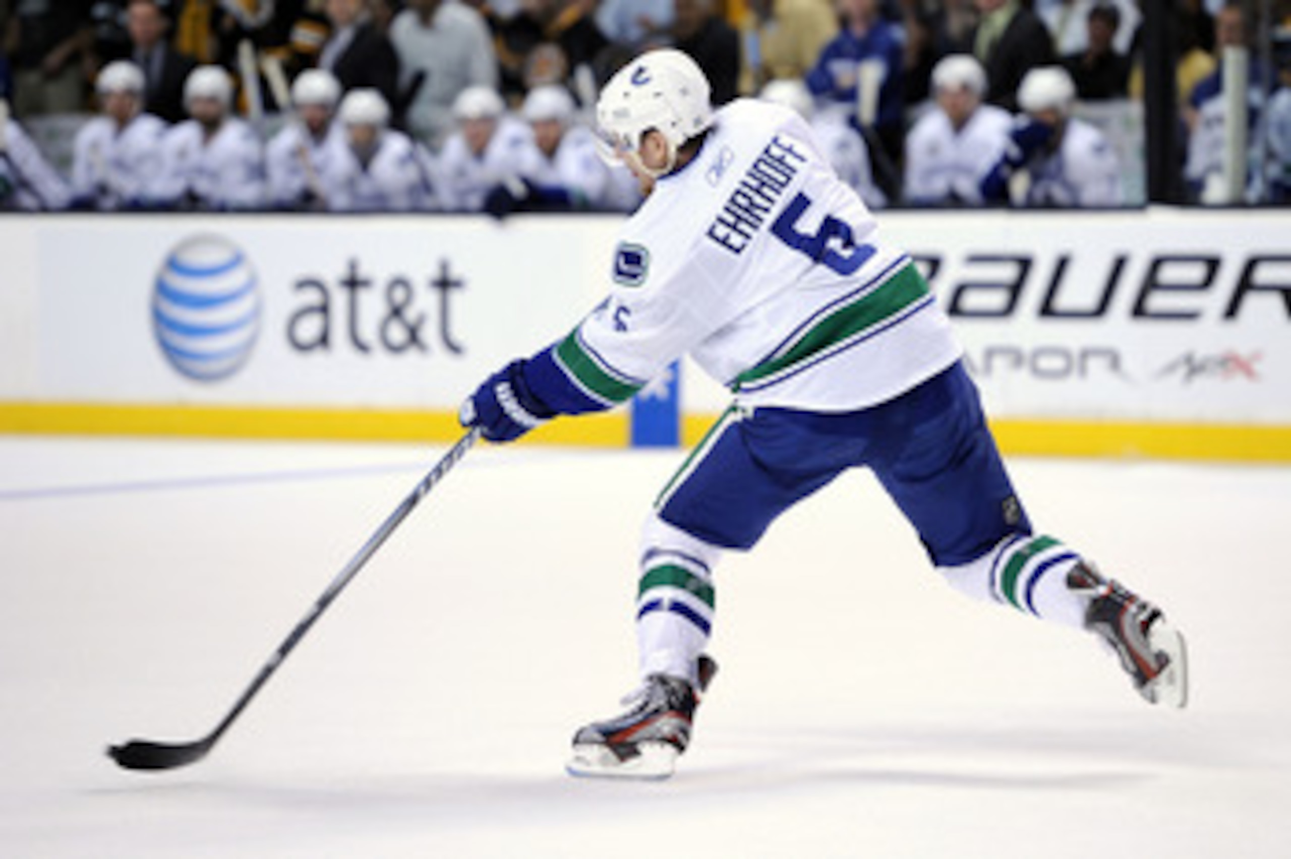 BOSTON, MA - JUNE 08:  Christian Ehrhoff #5 of the Vancouver Canucks skates against the Boston Bruins during Game Four of the 2011 NHL Stanley Cup Final at TD Garden on June 8, 2011 in Boston, Massachusetts.  (Photo by Harry How/Getty Images)