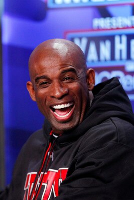 DALLAS, TX - FEBRUARY 5: Deion Sanders looks on after being inducted into the 2011 Pro Football Hall of Fame class during an announcement at the Super Bowl XLV media center on February 5, 2011 in Dallas, Texas. (Photo by Joe Robbins/Getty Images)