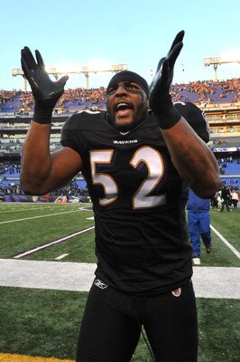 BALTIMORE, MD - DECEMBER 19:  Ray Lewis #52 of the Baltimore Ravens celebrates the Ravens victory after the game against the New Orleans Saints  at M&T Bank Stadium on December 19, 2010 in Baltimore, Maryland. The Ravens defeated the Saints 30-24. (Photo 