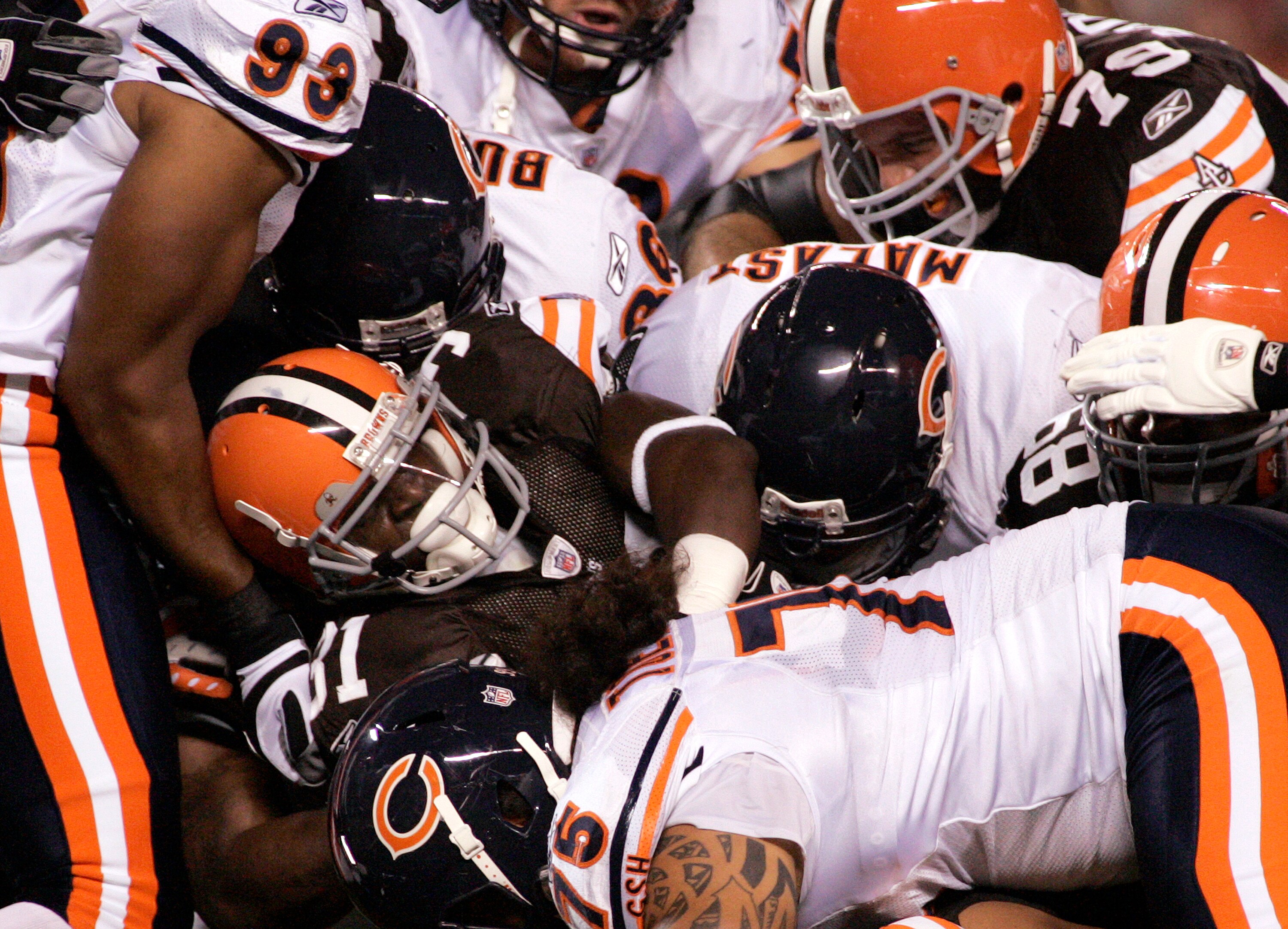 CLEVELAND - SEPTEMBER 2:  Montario Hardesty #31 of the Cleveland Browns pushes for extra yardage against the Chicago Bears during the preseason game on September 2, 2010 at Cleveland Browns Stadium in Cleveland, Ohio. (Photo by Justin K. Aller/Getty Image