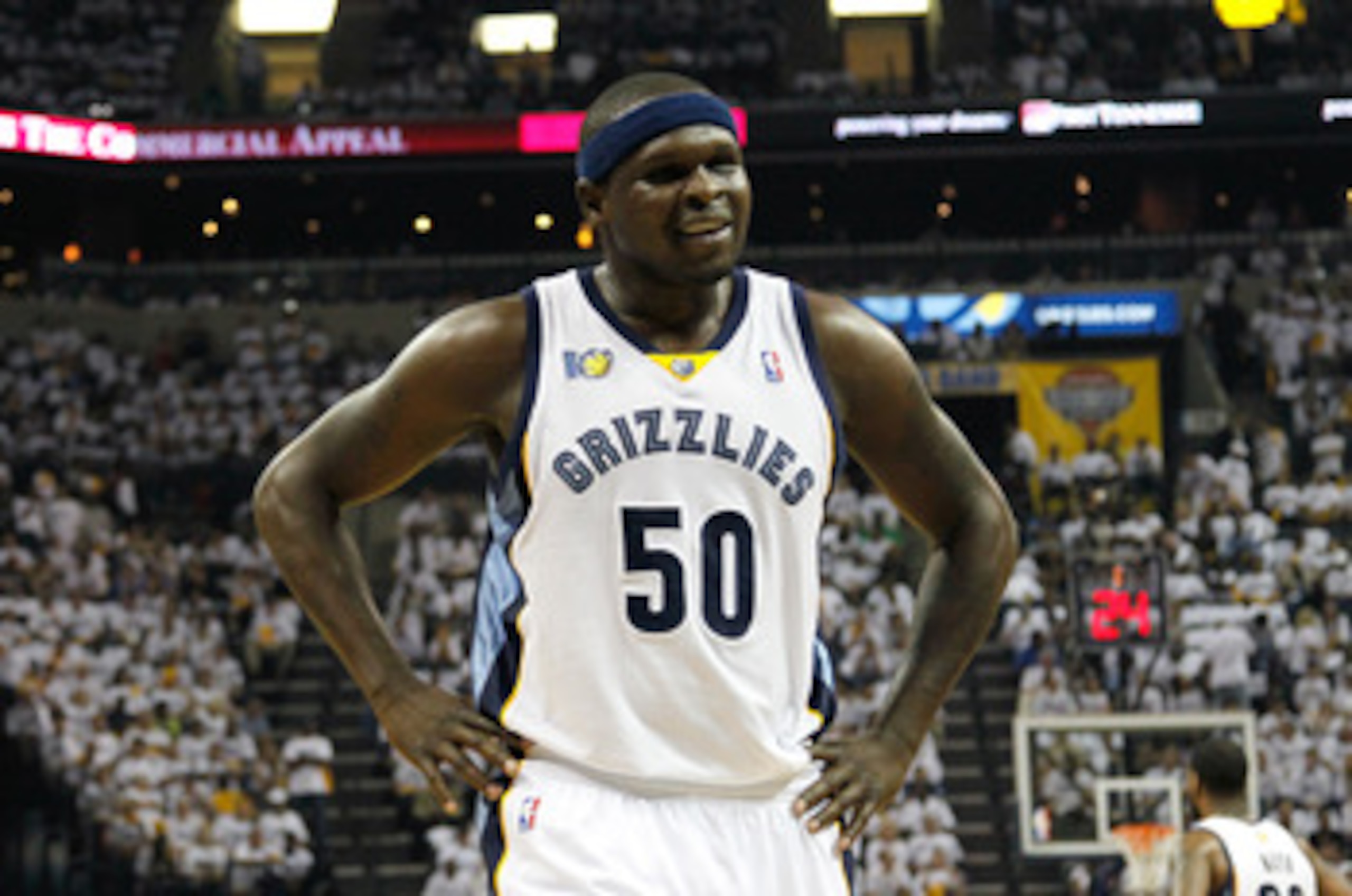 MEMPHIS, TN - MAY 13:  Zach Randolph #50 of the Memphis Grizzlies against the Oklahoma City Thunder in Game Six of the Western Conference Semifinals in the 2011 NBA Playoffs at FedExForum on May 13, 2011 in Memphis, Tennessee.  NOTE TO USER: User expressl