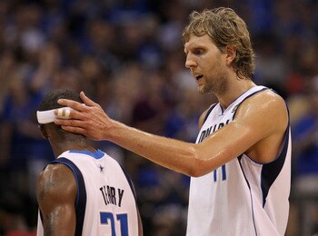 DALLAS, TX - JUNE 07:  Dirk Nowitzki #41 (R) and Jason Terry #31 of the Dallas Mavericks talk on court in the fourth quarter against the Miami Heat in Game Four of the 2011 NBA Finals at American Airlines Center on June 7, 2011 in Dallas, Texas. NOTE TO U