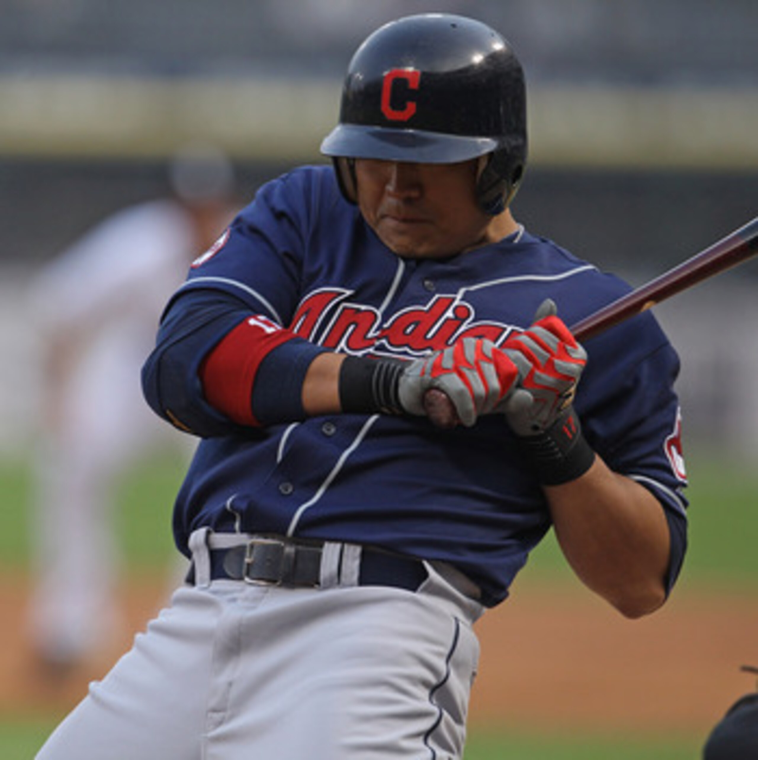 CHICAGO, IL - MAY 19: Shin-Soo Choo #17 of the Cleveland Indians moves out of the way of an inside pitch against the Chicago White Sox at U.S. Cellular Field on May 19, 2011 in Chicago, Illinois.  The Whiute Sox defeated the Indians 8-2. (Photo by Jonatha