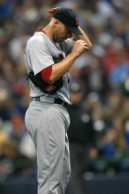 MILWAUKEE, WI - JUNE 11: Chris Carpenter #29 of the St. Louis Cardinals reacts against the Milwaukee Brewers at Miller Park on June 11, 2011 in Milwaukee, Wisconsin. (Photo by Scott Boehm/Getty Images)