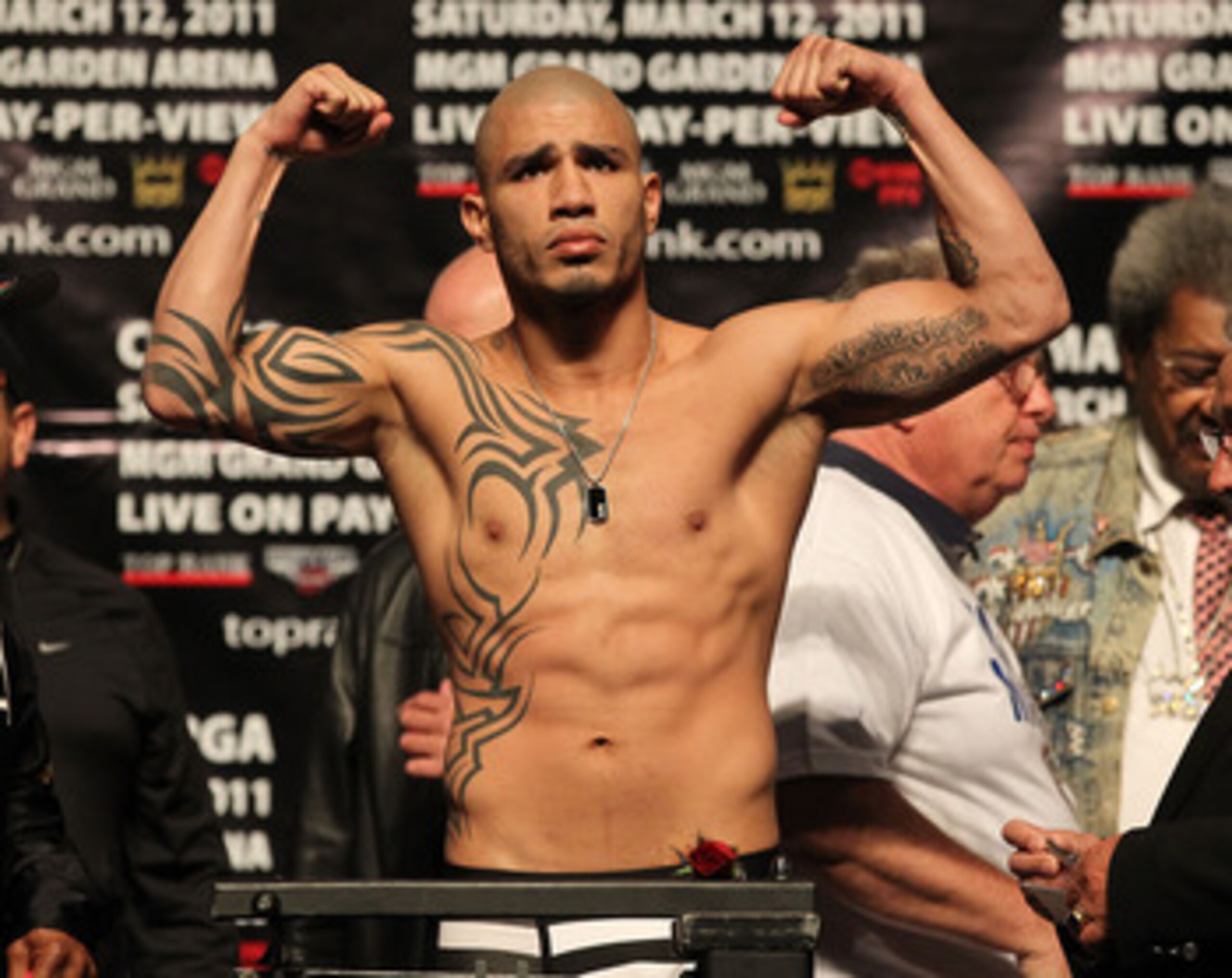 LAS VEGAS - MARCH 11:  Miguel Cotto weighs in for his fight against Ricardo Mayorga for the WBA Super Welterweight title at the MGM Grand Garden Arena on March 11, 2011 in Las Vegas, Nevada.  (Photo by Al Bello/Getty Images)