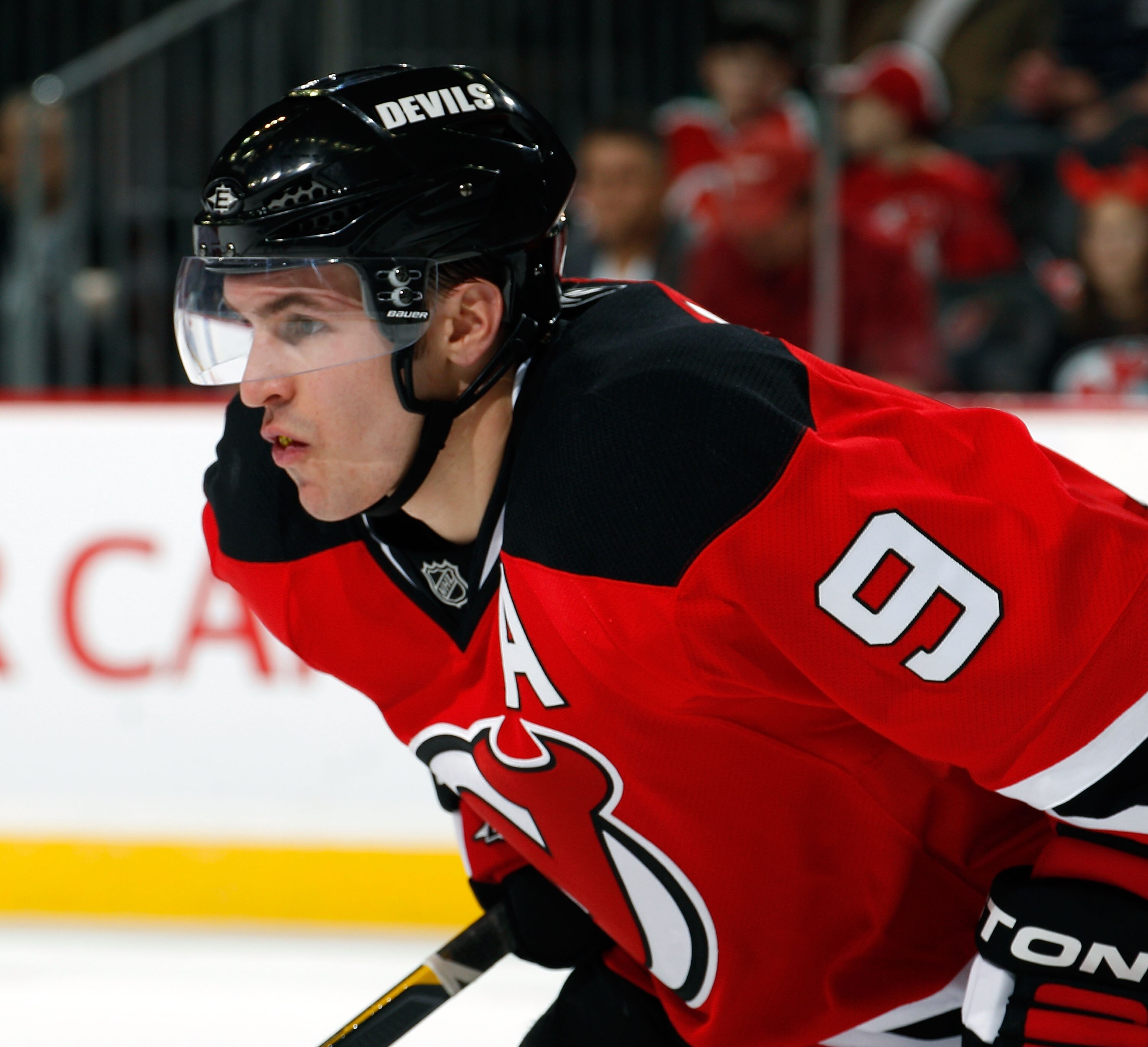 NEWARK, NJ - APRIL 02:  Zach Parise #9 of the New Jersey Devils waits for a faceoff during an NHL hockey game against the Montreal Canadians at the Prudential Center on April 2, 2011 in Newark, New Jersey.  (Photo by Paul Bereswill/Getty Images)