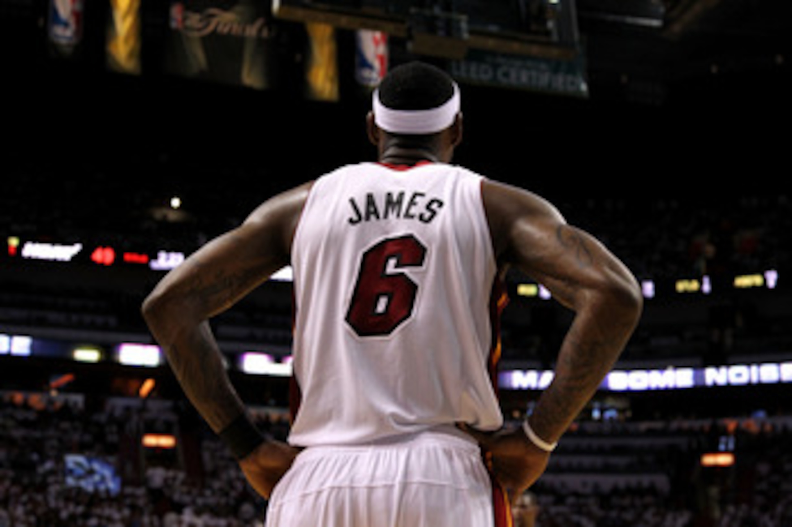 MIAMI, FL - JUNE 12:  LeBron James #6 of the Miami Heat stands on court against the Dallas Mavericks in Game Six of the 2011 NBA Finals at American Airlines Arena on June 12, 2011 in Miami, Florida. NOTE TO USER: User expressly acknowledges and agrees tha