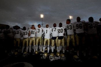 EL PASO, TX - DECEMBER 30:  The Notre Dame Fighting Irish celebrate a 33-17 win against the Miami Hurricanes at Sun Bowl on December 30, 2010 in El Paso, Texas.  (Photo by Ronald Martinez/Getty Images)