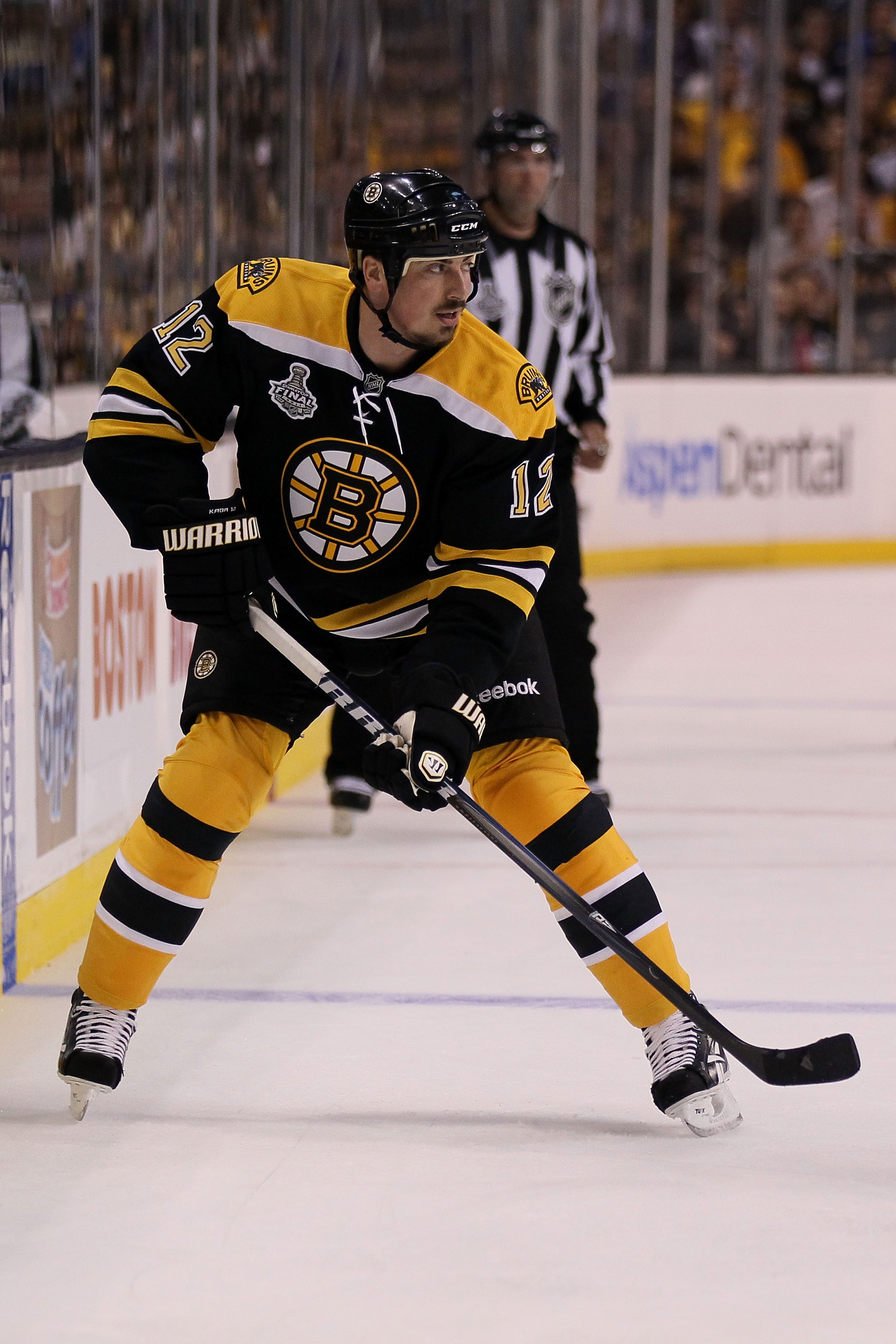 BOSTON, MA - JUNE 06:  Tomas Kaberle #12 of the Boston Bruins skates against of the Vancouver Canucks during Game Three of the 2011 NHL Stanley Cup Final at TD Garden on June 6, 2011 in Boston, Massachusetts.  (Photo by Elsa/Getty Images)