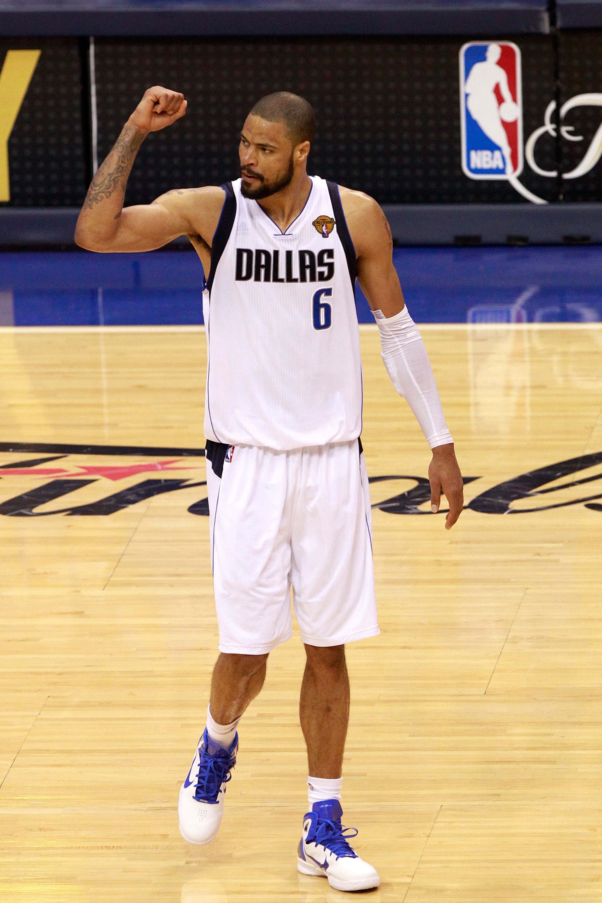 DALLAS, TX - JUNE 09:  Tyson Chandler #6 of the Dallas Mavericks celebrates the Mavericks 112-103 win against the Miami Heat in Game Five of the 2011 NBA Finals at American Airlines Center on June 9, 2011 in Dallas, Texas.  NOTE TO USER: User expressly ac