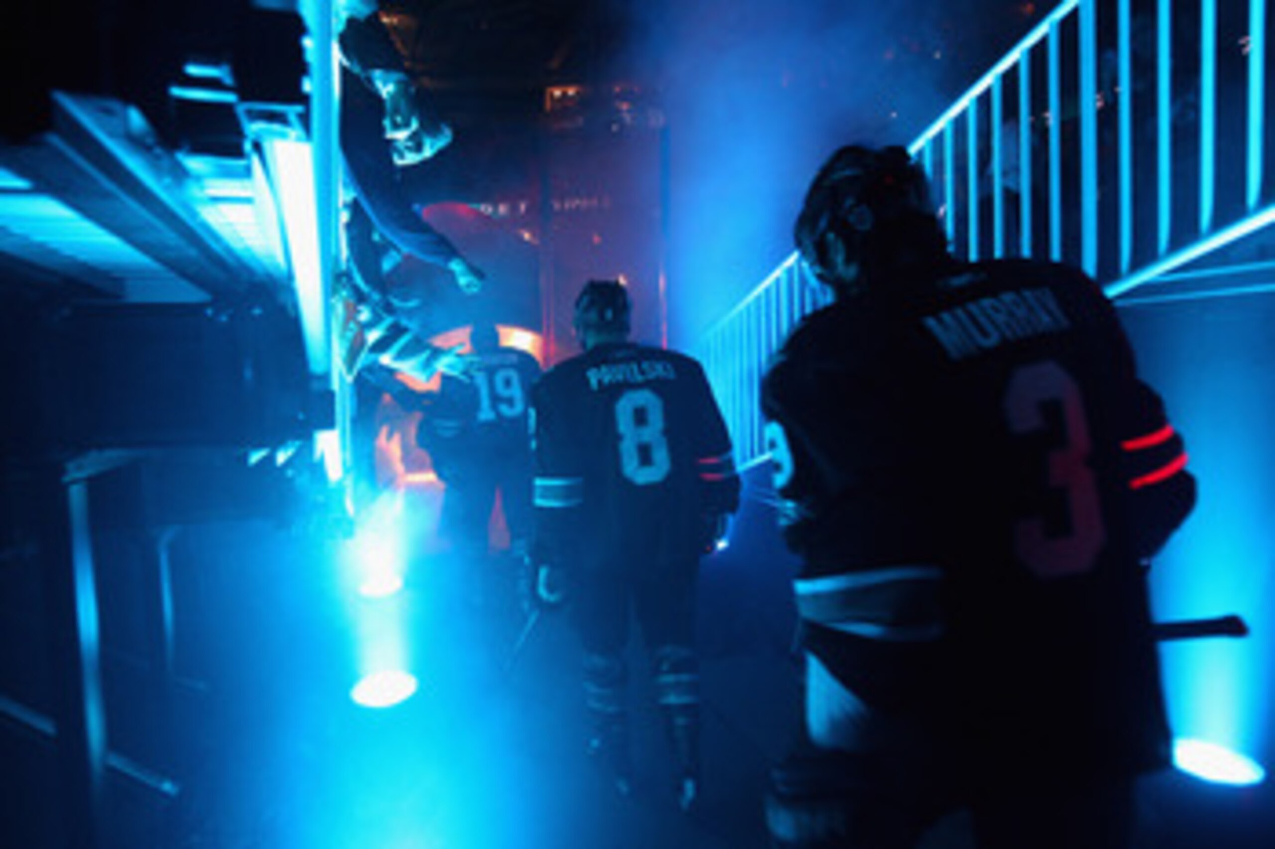 SAN JOSE, CA - MAY 12:  Joe Thornton #19, Joe Pavelski #8 and Douglas Murray #3 of the San Jose Sharks walk on to the ice for their game against the Detroit Red Wings in Game Seven of the Western Conference Semifinals during the 2011 NHL Stanley Cup Playo