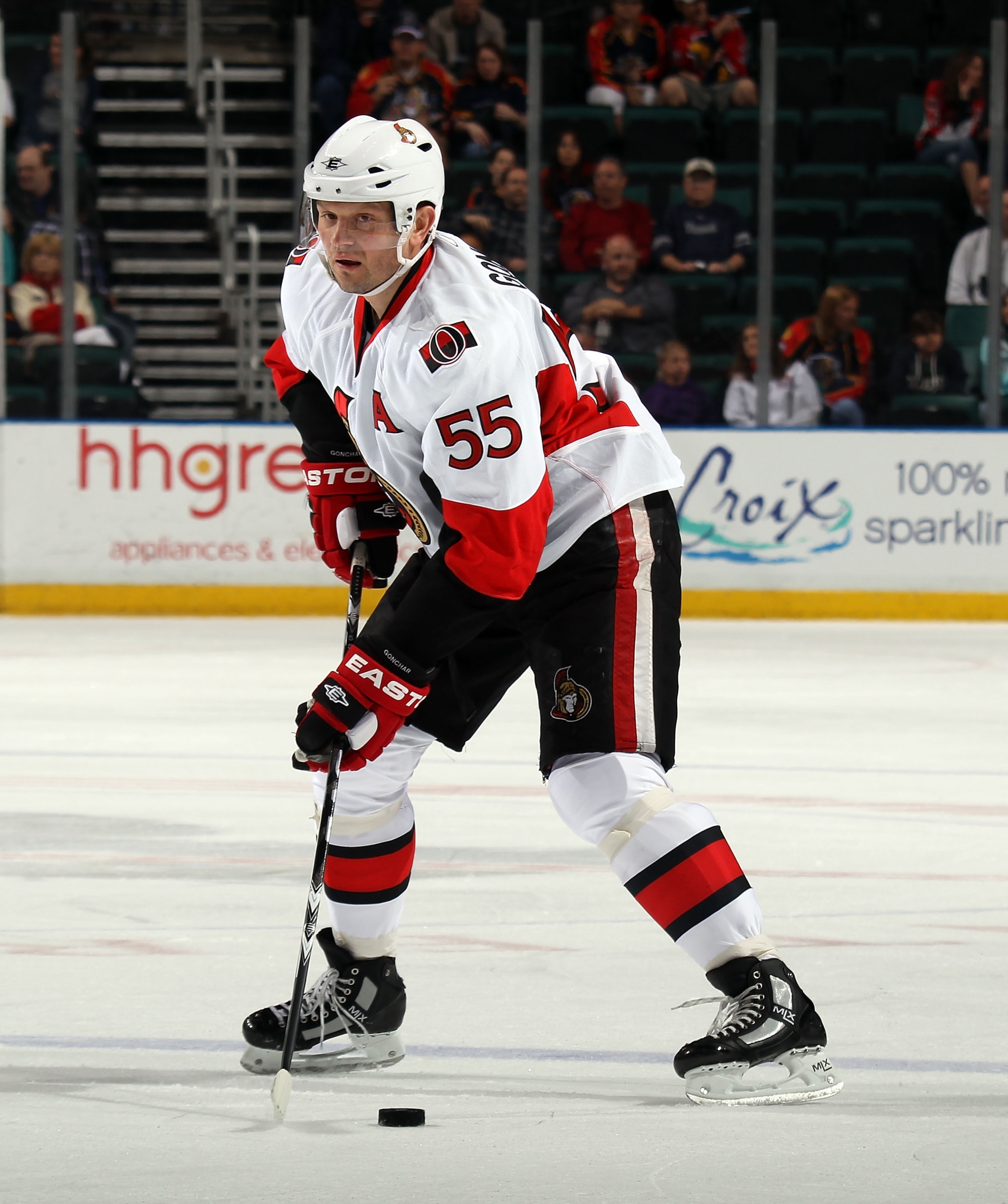 SUNRISE, FL - MARCH 10:  Sergei Gonchar #55 of the Ottawa Senators skates against the Florida Panthers at the BankAtlantic Center on March 10, 2011 in Sunrise, Florida.  (Photo by Bruce Bennett/Getty Images)