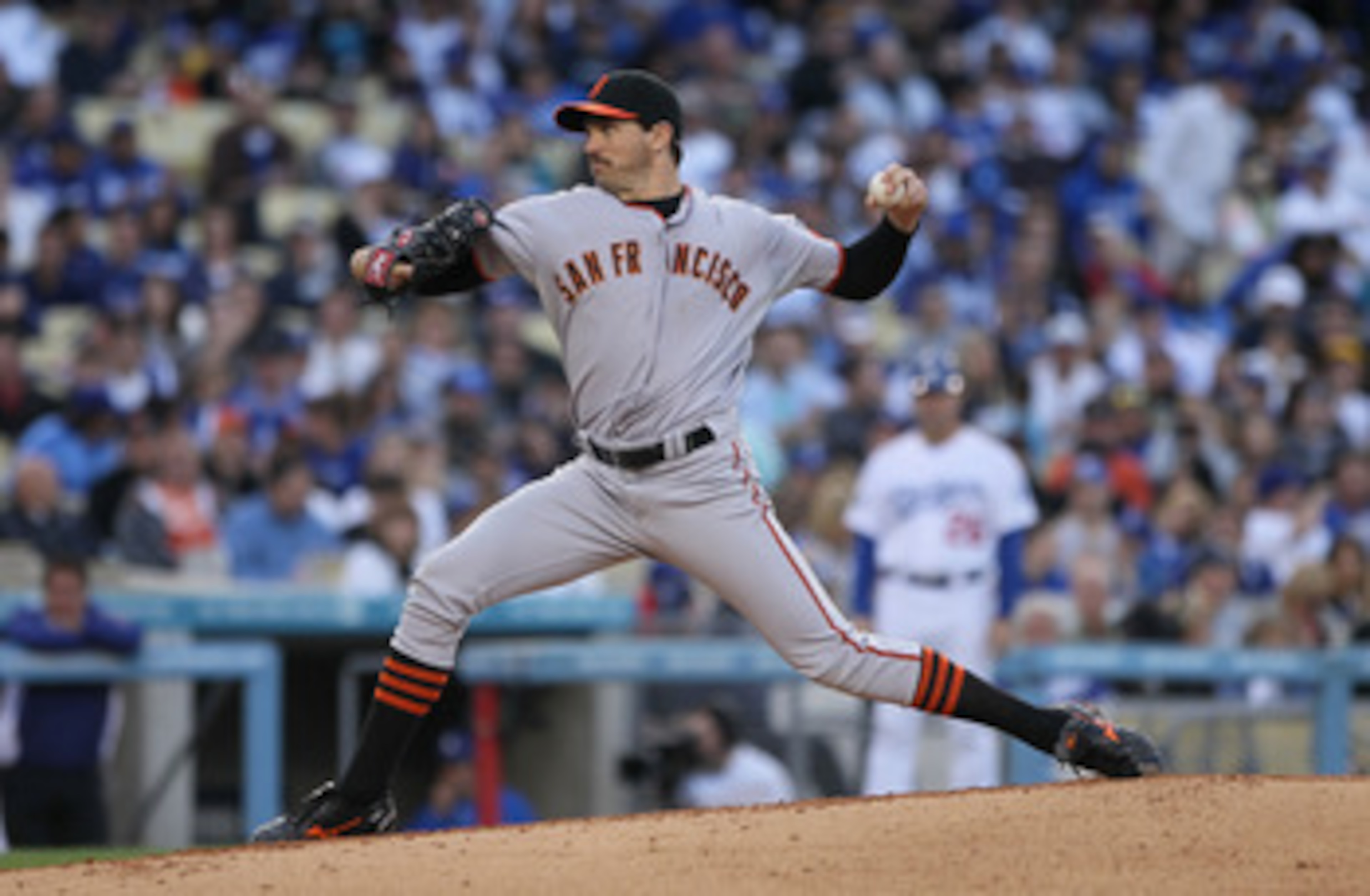 LOS ANGELES, CA - APRIL 03:  Barry Zito #75 of the San Francisco Giants pitches against the Los Angeles Dodgers in the sixth inning at Dodger Stadium on April 3, 2011 in Los Angeles, California.  (Photo by Jeff Gross/Getty Images)