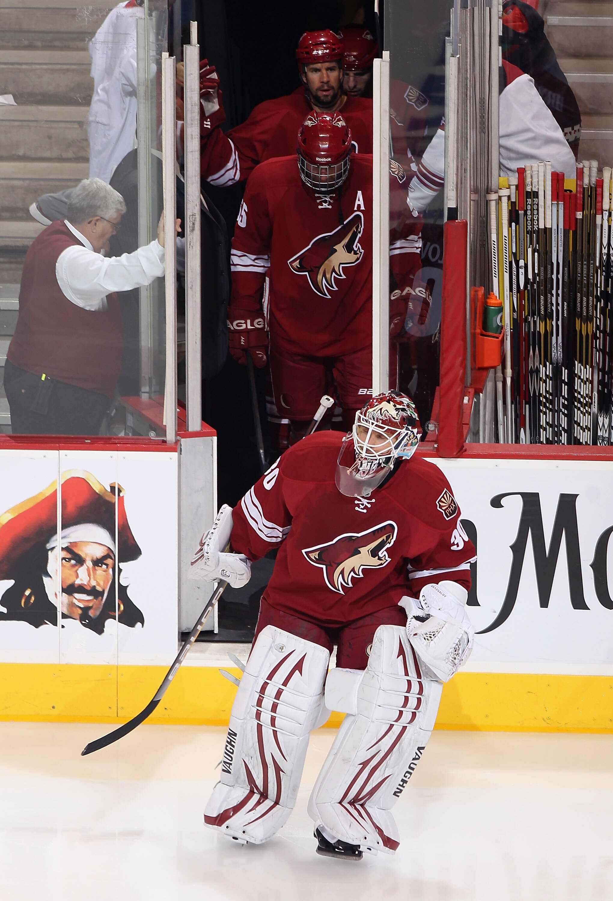 GLENDALE, AZ - APRIL 20:  Goaltender Ilya Bryzgalov #30 of the Phoenix Coyotes skates out onto the ice for Game Four of the Western Conference Quarterfinals against the Detroit Red Wings during the 2011 NHL Stanley Cup Playoffs at Jobing.com Arena on Apri
