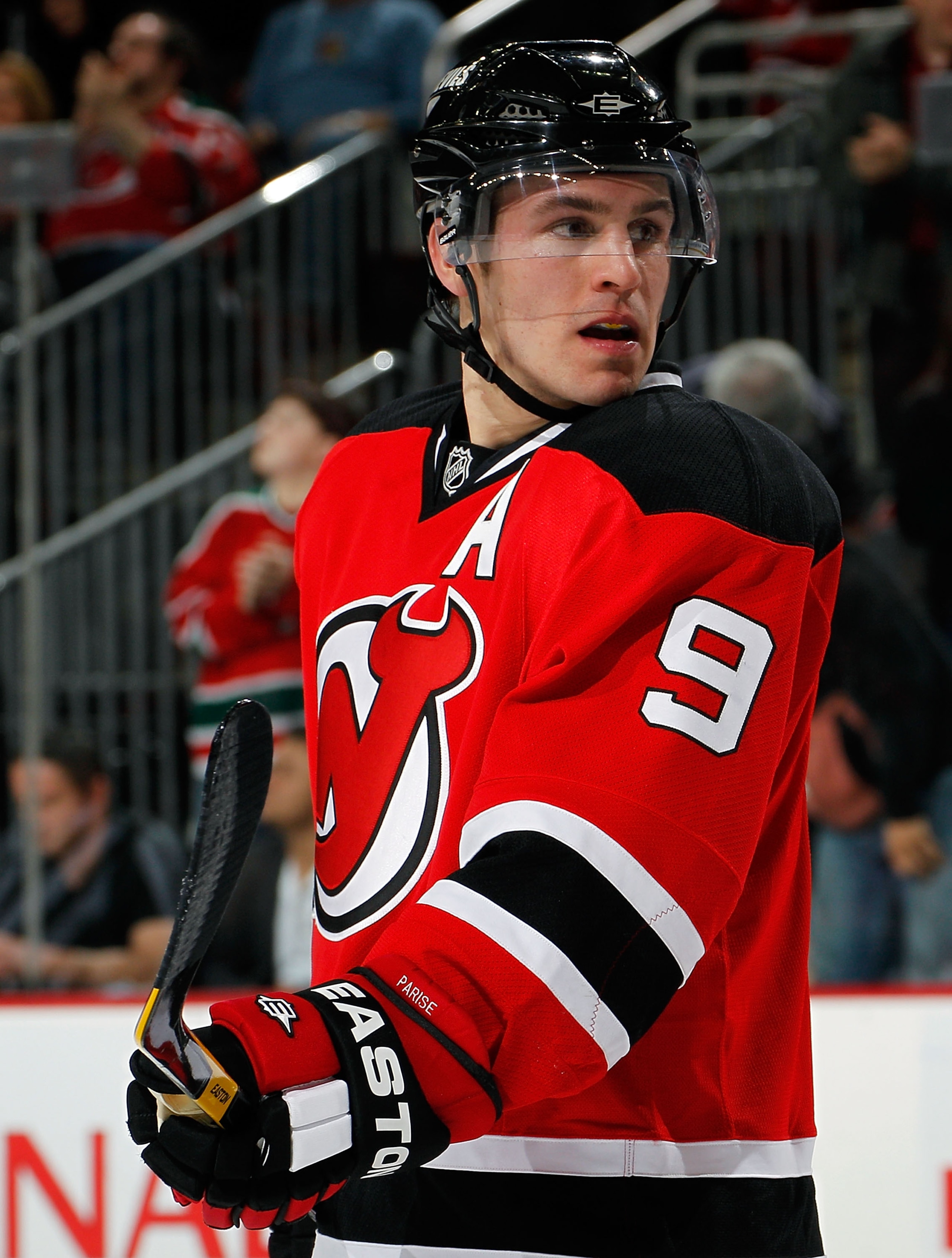 NEWARK, NJ - APRIL 02:  Zach Parise #9 of the New Jersey Devils waits for a faceoff during an NHL hockey game against the Montreal Canadians at the Prudential Center on April 2, 2011 in Newark, New Jersey.  (Photo by Paul Bereswill/Getty Images)