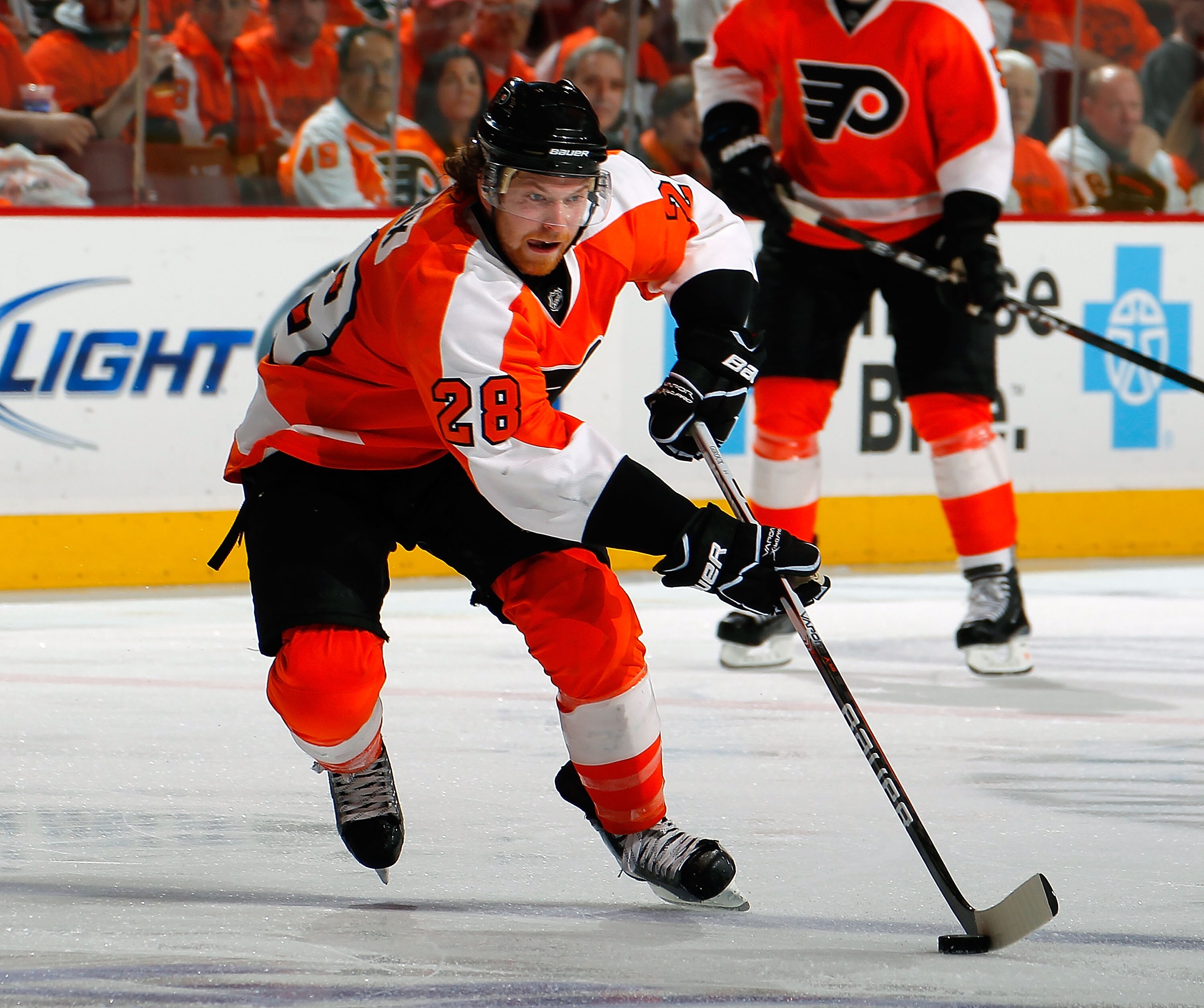 PHILADELPHIA, PA - MAY 02:  Claude Giroux #28 of the Philadelphia Flyers skates in Game Two of the Eastern Conference Semifinals against the Boston Bruins during the 2011 NHL Stanley Cup Playoffs at Wells Fargo Center on May 2, 2011 in Philadelphia, Penns