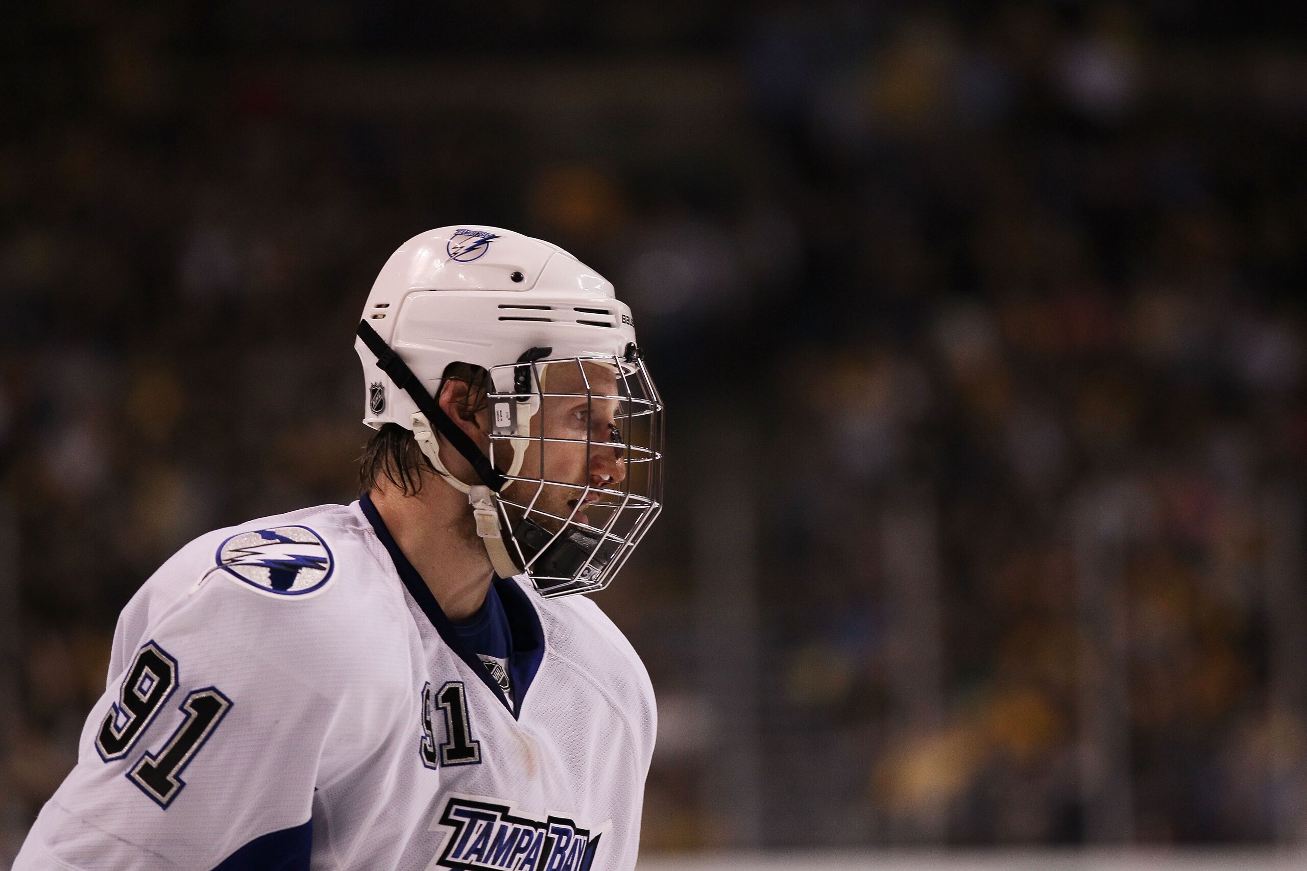 BOSTON, MA - MAY 27:  Steven Stamkos #91 of the Tampa Bay Lightning looks on after returning to the game to the game after being hit in the face with a puck in Game Seven of the Eastern Conference Finals against the Boston Bruins during the 2011 NHL Stanl