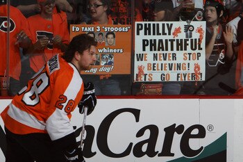 PHILADELPHIA, PA - APRIL 26:  Claude Giroux #28 of the Philadelphia Flyers skates during warmups prior to their game against the Buffalo Sabres in Game Seven of the Eastern Conference Quarterfinals during the 2011 NHL Stanley Cup Playoffs at Wells Fargo C
