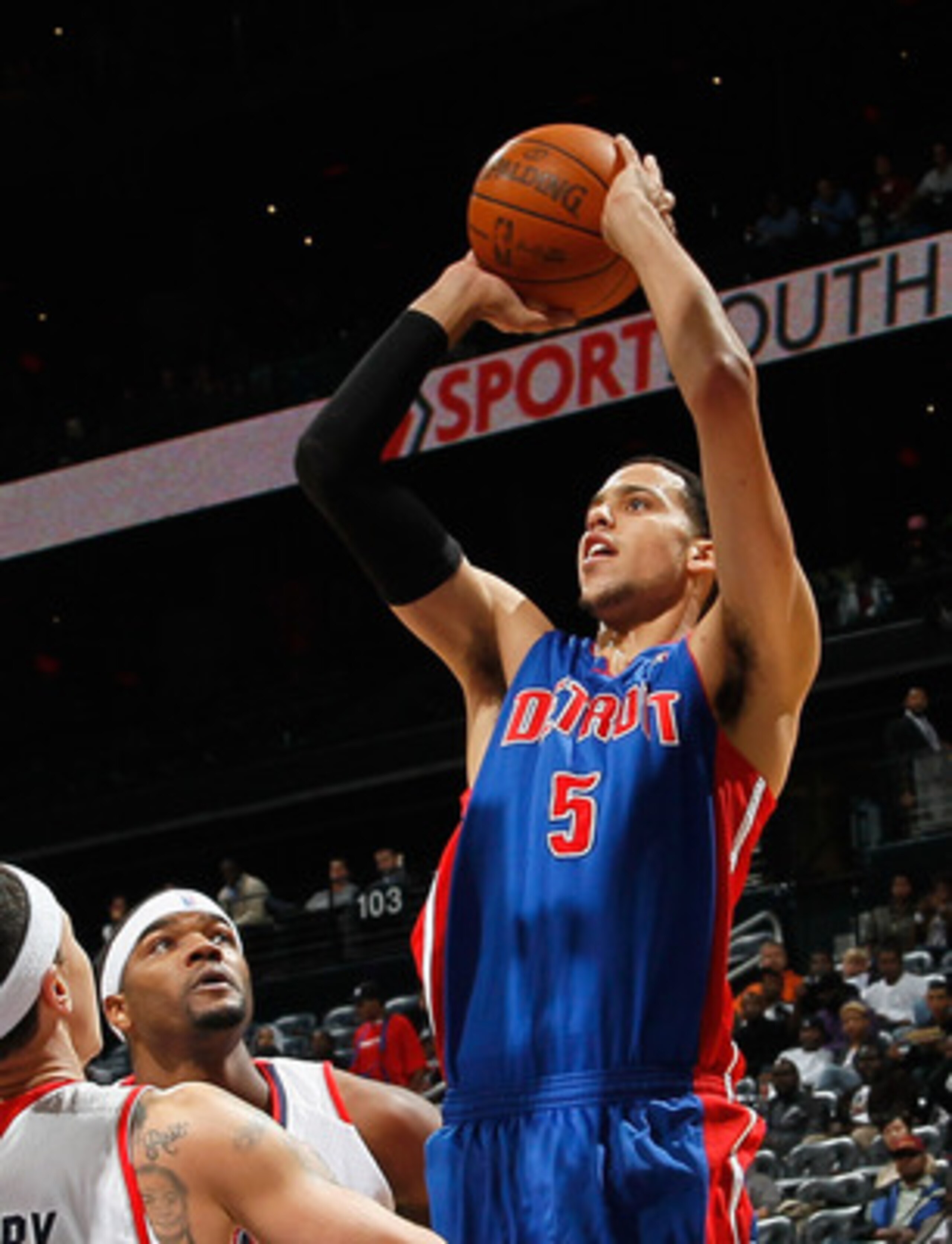 ATLANTA - NOVEMBER 03:  Austin Daye #5 of the Detroit Pistons against the Atlanta Hawks at Philips Arena on November 3, 2010 in Atlanta, Georgia.  NOTE TO USER: User expressly acknowledges and agrees that, by downloading and/or using this Photograph, User