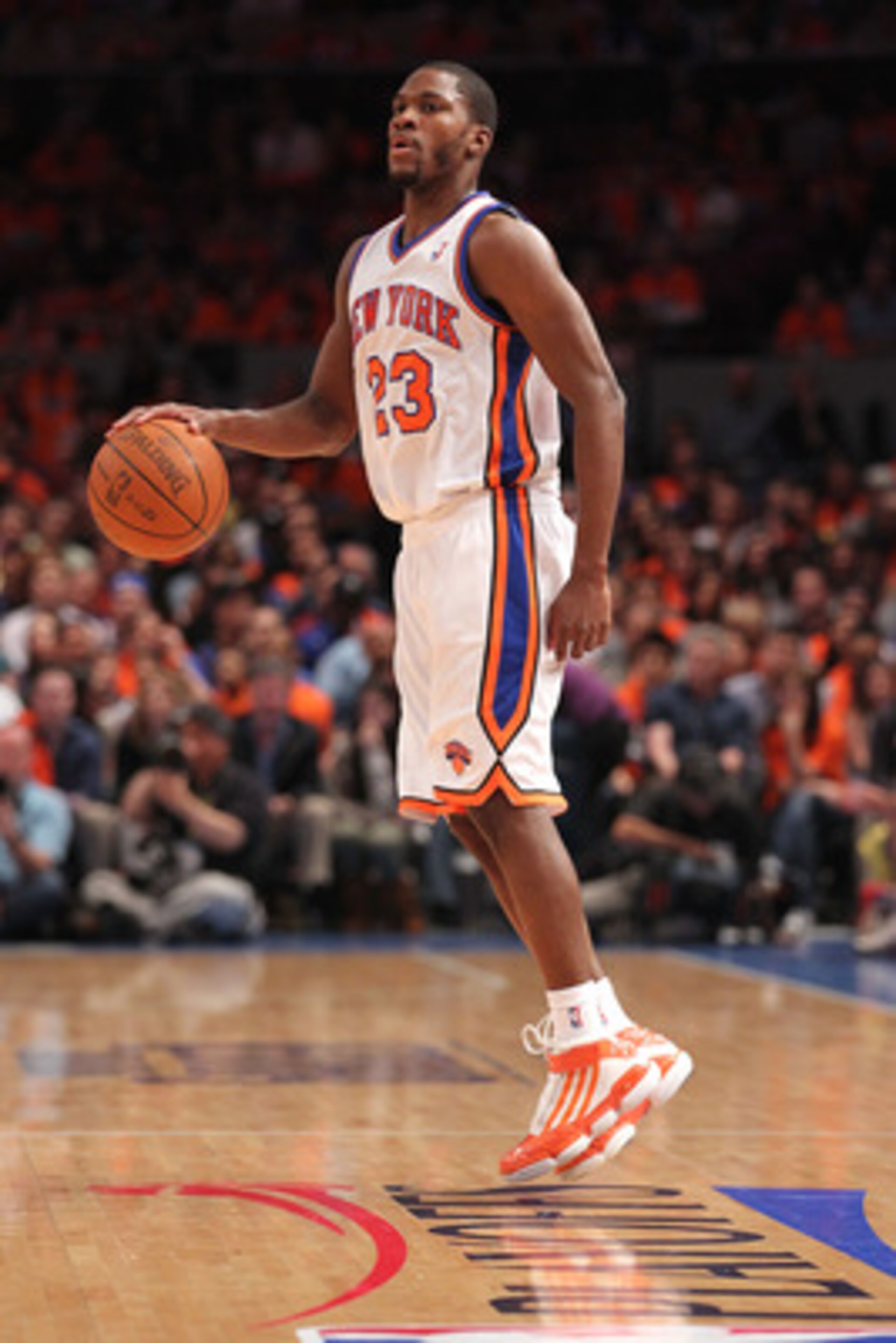 NEW YORK, NY - APRIL 24:  Toney Douglas #23 of the New York Knicks looks to pass against the Boston Celtics in Game Four of the Eastern Conference Quarterfinals during the 2011 NBA Playoffs on April 24, 2011 at Madison Square Garden in New York City. The