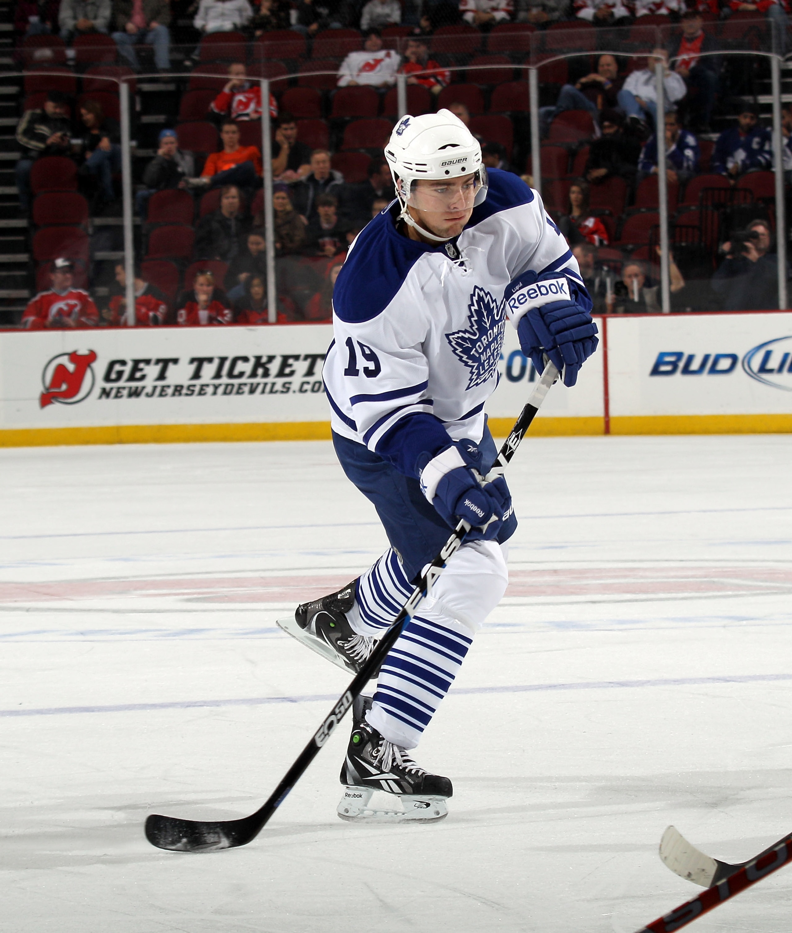 NEWARK, NJ - APRIL 06:  Joffrey Lupul #19 of the Toronto Maple Leafs skates against the New Jersey Devils at the Prudential Center on April 6, 2011 in Newark, New Jersey.  (Photo by Bruce Bennett/Getty Images)