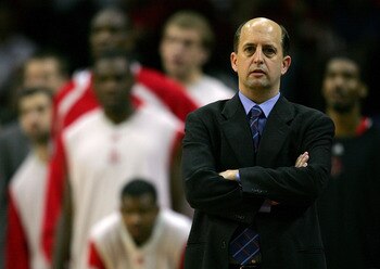 HOUSTON - APRIL 23:  Coach Jeff Van Gundy of the Houston Rockets on the sidelines while playing the Utah Jazz during Game Two of the Western Conference Quarterfinals against the Utah Jazz during the 2007 NBA Playoffs at the Toyota Center on April 23, 2007