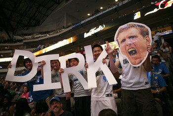 DALLAS, TX - JUNE 12:  Dallas Mavericks fans support Dirk Nowitzki at American Airlines Center during the NBA Finals watch party on June 12, 2011 in Dallas, Texas.  (Photo by Tom Pennington/Getty Images)
