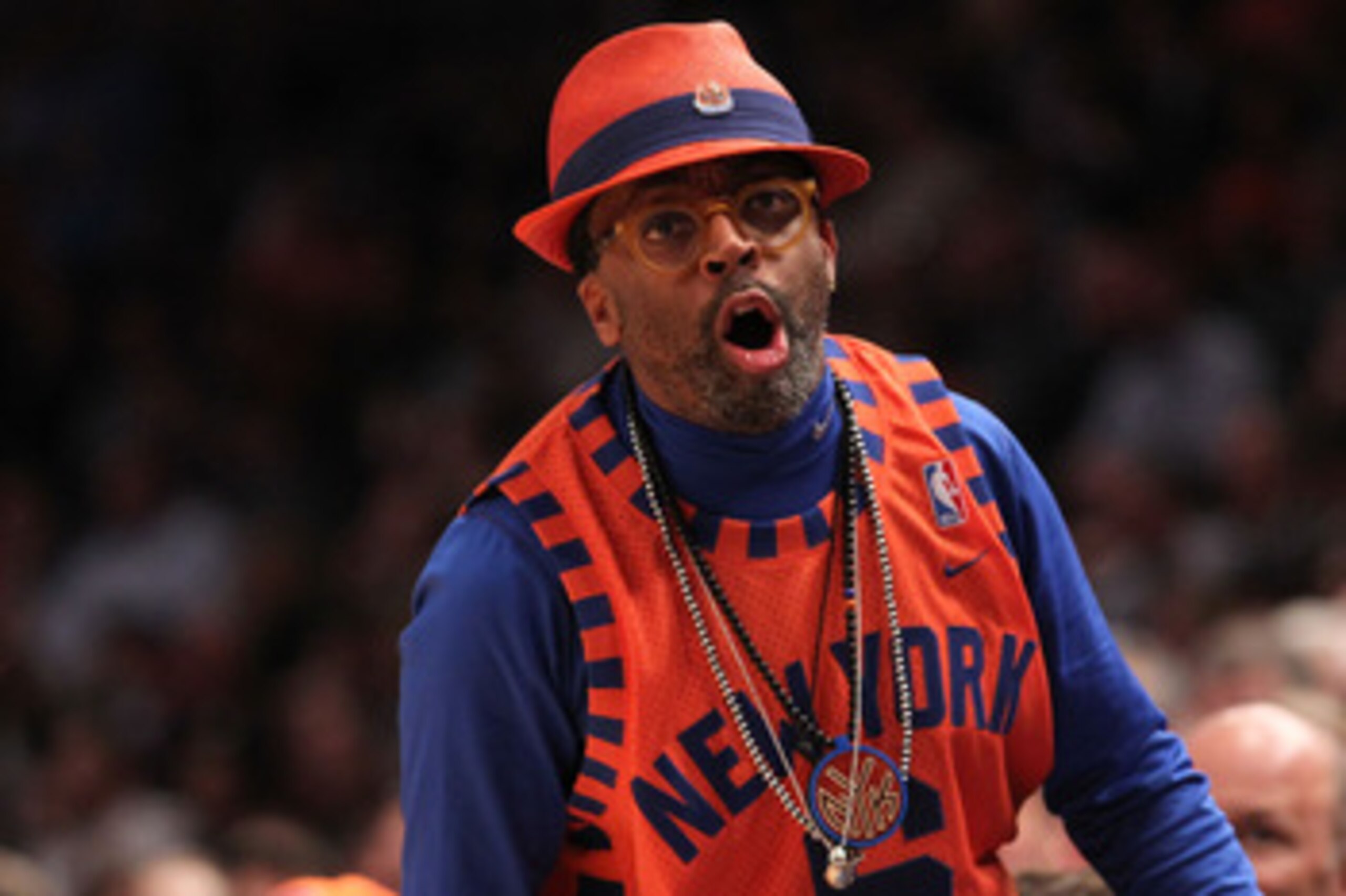 NEW YORK, NY - APRIL 22:  Director Spike Lee reacts as the New York Knicks play against the Boston Celtics in Game Three of the Eastern Conference Quarterfinals in the 2011 NBA Playoffs on April 22, 2011 at Madison Square Garden in New York City. The Celt