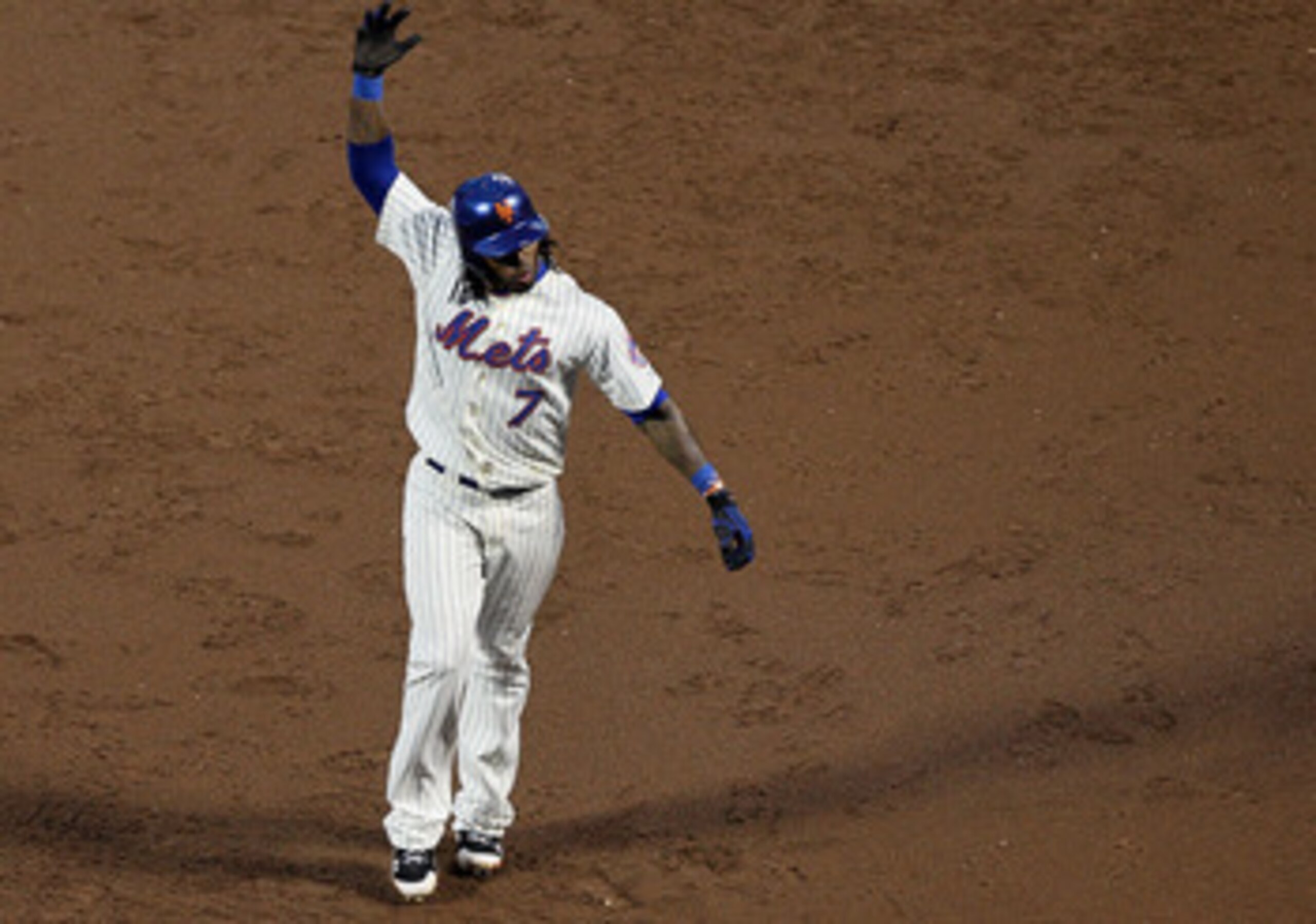 NEW YORK, NY - MAY 07:  Jose Reyes #7 of the New York Mets celebrates his second inning RBI single against the Los Angeles Dodgers on May 7, 2011 at Citi Field in the Flushing neighborhood of the Queens borough of New York City.  (Photo by Jim McIsaac/Get