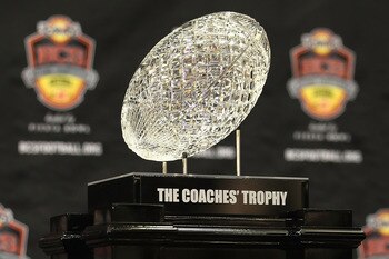 SCOTTSDALE, AZ - JANUARY 07:  The coaches trophy is displayed during Media Day for the Tostitos BCS National Championship Game at the JW Marriott Camelback Inn on January 7, 2011 in Scottsdale, Arizona.  (Photo by Christian Petersen/Getty Images)