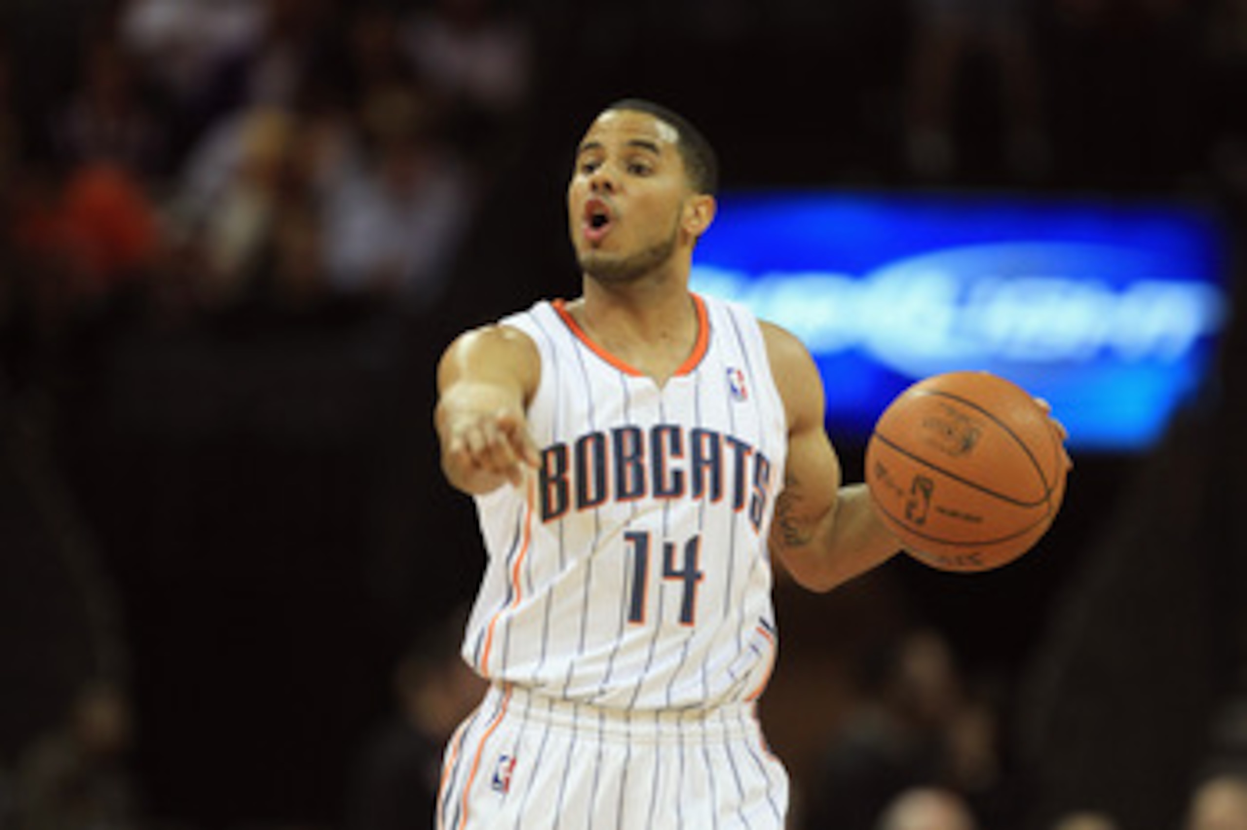 CHARLOTTE, NC - FEBRUARY 14:  D.J. Augustin #14 of the Charlotte Bobcats during their game at Time Warner Cable Arena on February 14, 2011 in Charlotte, North Carolina. NOTE TO USER: User expressly acknowledges and agrees that, by downloading and/or using