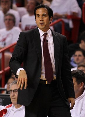 MIAMI, FL - JUNE 12:  Head coach Erik Spoelstra of the Miami Heat coaches against the Dallas Mavericks in Game Six of the 2011 NBA Finals at American Airlines Arena on June 12, 2011 in Miami, Florida. NOTE TO USER: User expressly acknowledges and agrees t