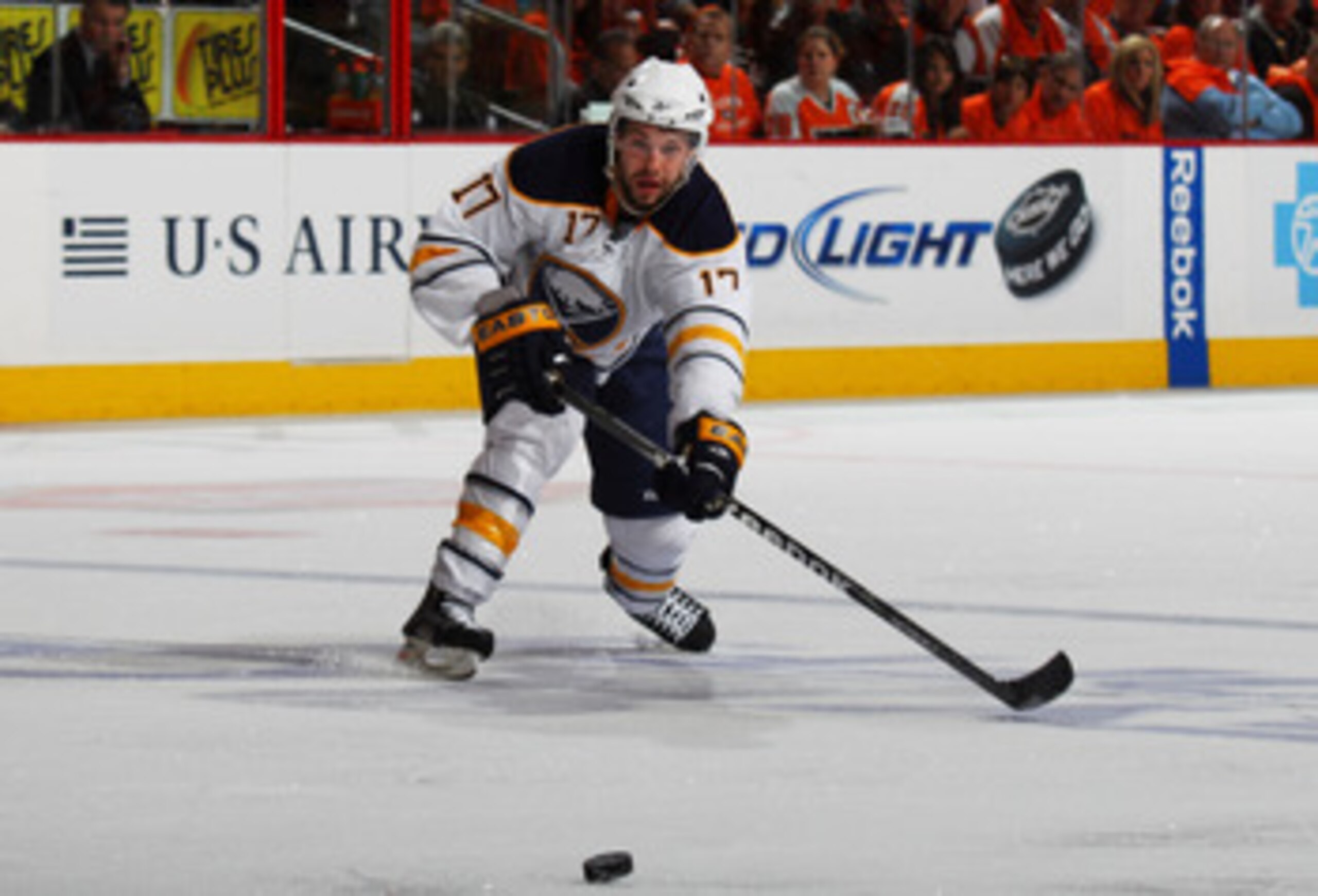 PHILADELPHIA, PA - APRIL 22:  Marc-Andre Gragnani #17 of the Buffalo Sabres controls the puck against the Philadelphia Flyers in Game Five of the Eastern Conference Quarterfinals during the 2011 NHL Stanley Cup Playoffs at Wells Fargo Center on April 22, 