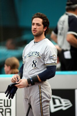 MIAMI GARDENS, FL - JUNE 06:  Ryan Braun #8 of the Milwaukee Brewers stands on deck against the Florida Marlins at Sun Life Stadium on June 6, 2011 in Miami Gardens, Florida.  (Photo by Marc Serota/Getty Images)