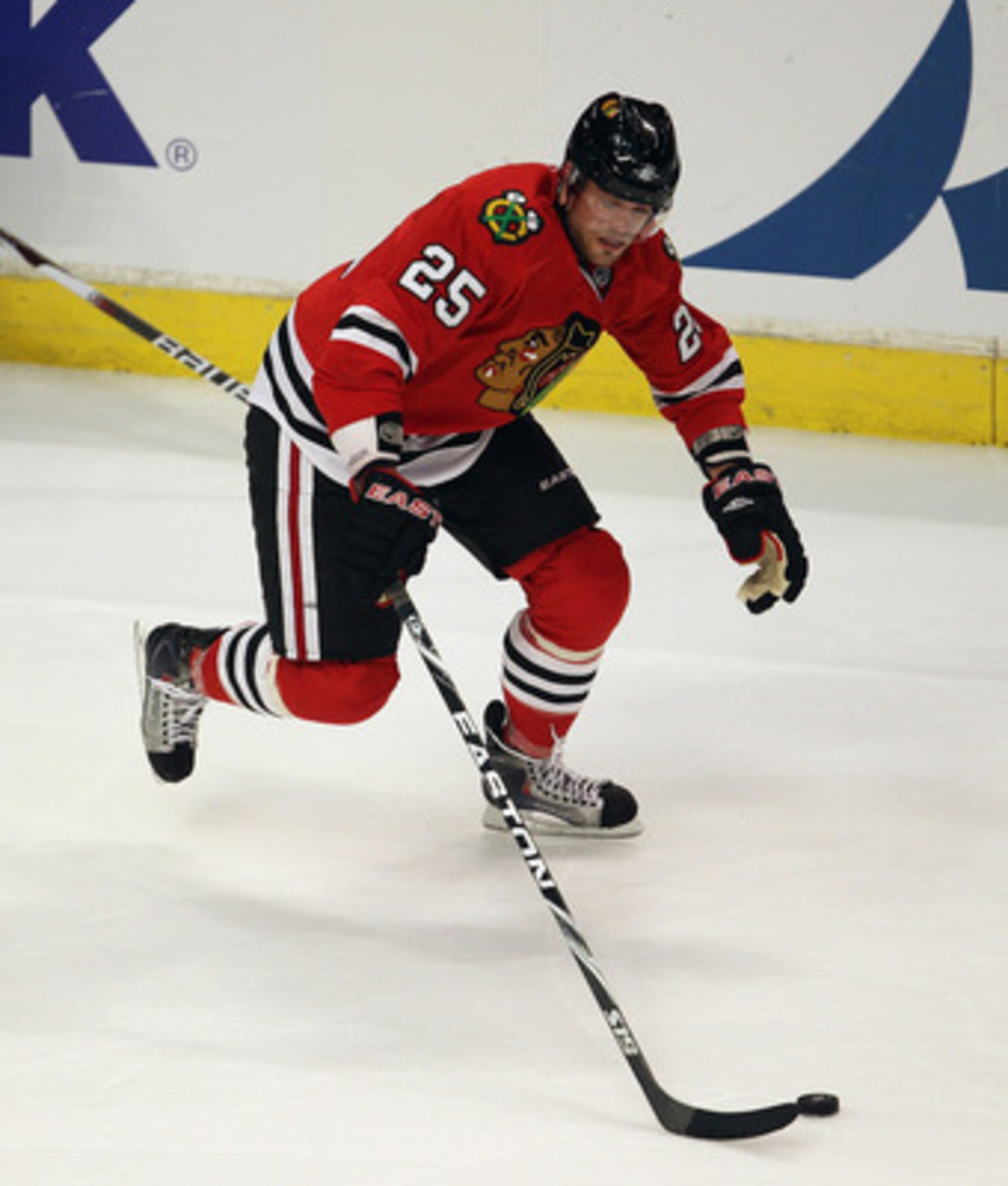 CHICAGO, IL - APRIL 19: Viktor Stalberg #25 of the Chicago Blackhawks looks to pass against the Vancouver Canucks in Game Four of the Western Conference Quarterfinals during the 2011 NHL Stanley Cup Playoffs at the United Center on April 19, 2011 in Chica