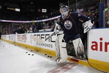 EDMONTON, CANADA - MARCH 17: Devan Dubnyk #40 of the Edmonton Oilers during the game against the Phoenix Coyotes on March 17, 2011 at Rexall Place in Edmonton, Alberta, Canada. (Photo by Dale MacMillan/Getty Images)