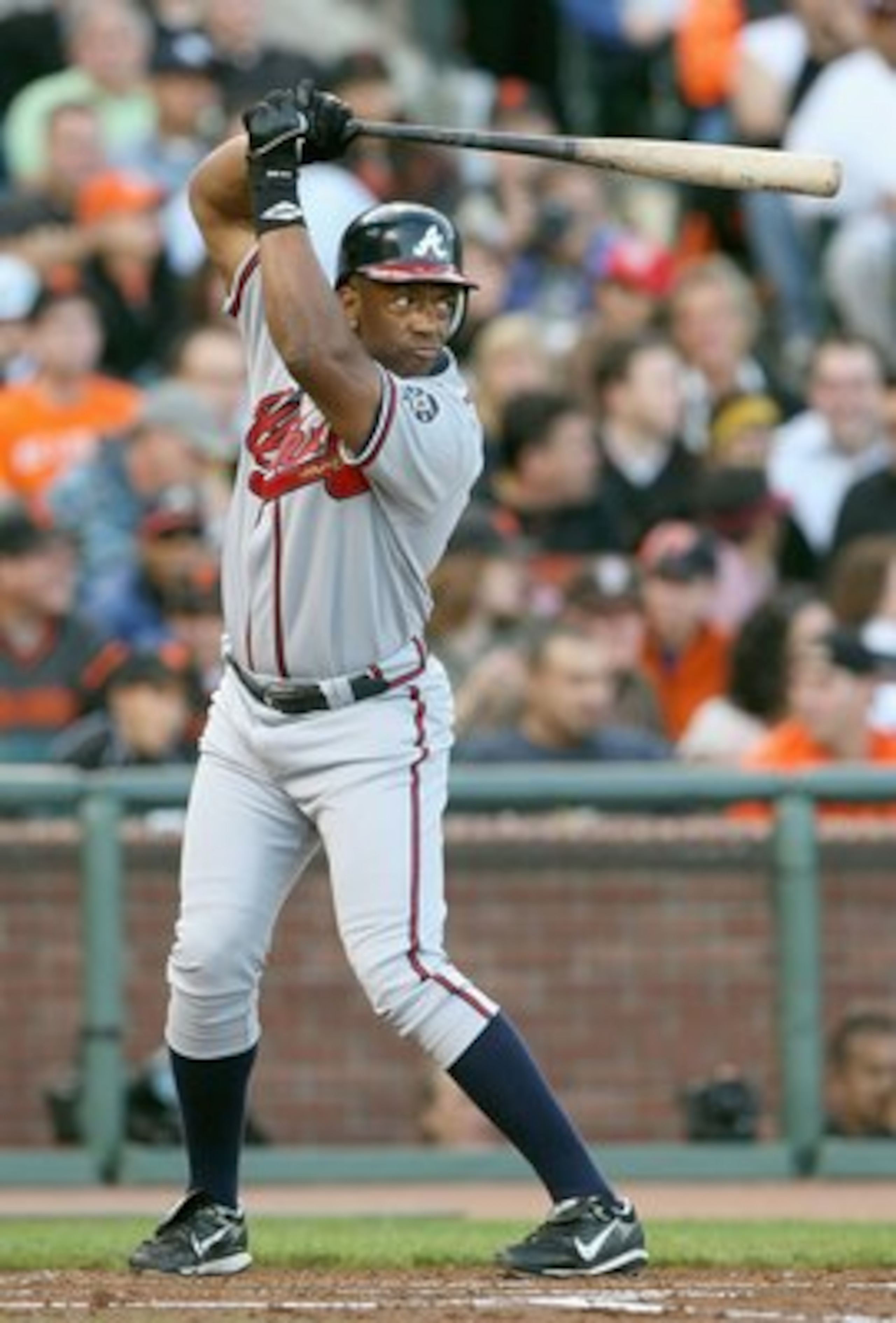 SAN FRANCISCO - JULY 23: Julio Franco #14 of the Atlanta Braves stands ready at bat against the San Francisco Giants on July 23, 2007 at AT&T Park in San Francisco, California. (Photo by Jed Jacobsohn/Getty Images)