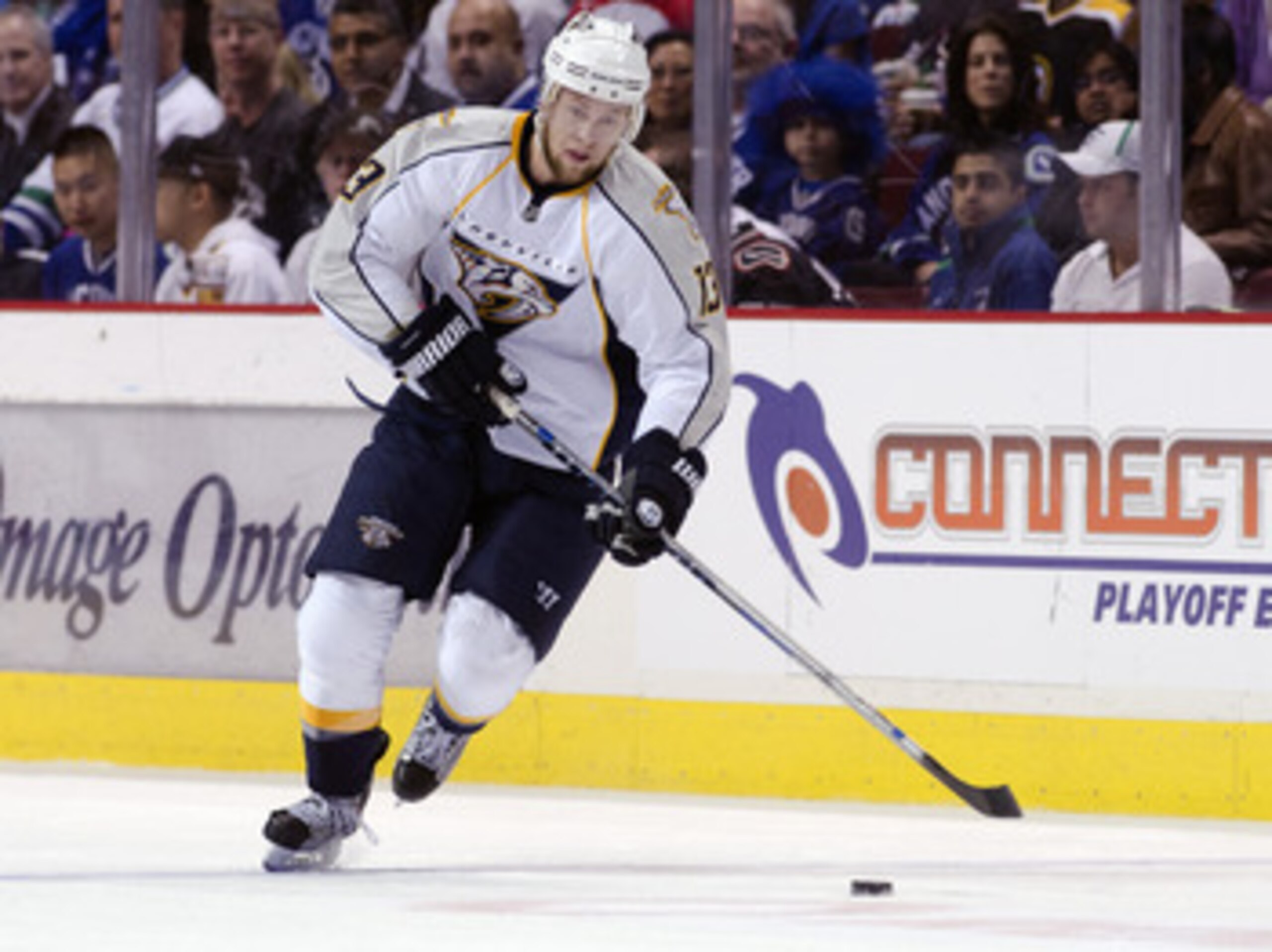 VANCOUVER, CANADA - APRIL 28: Nick Spaling #13 of the Nashville Predators skates with the puck during Game One of the Western Conference Semifinals against the Vancouver Canucks during the 2011 NHL Stanley Cup Playoffs on April 28, 2011 at Rogers Arena in